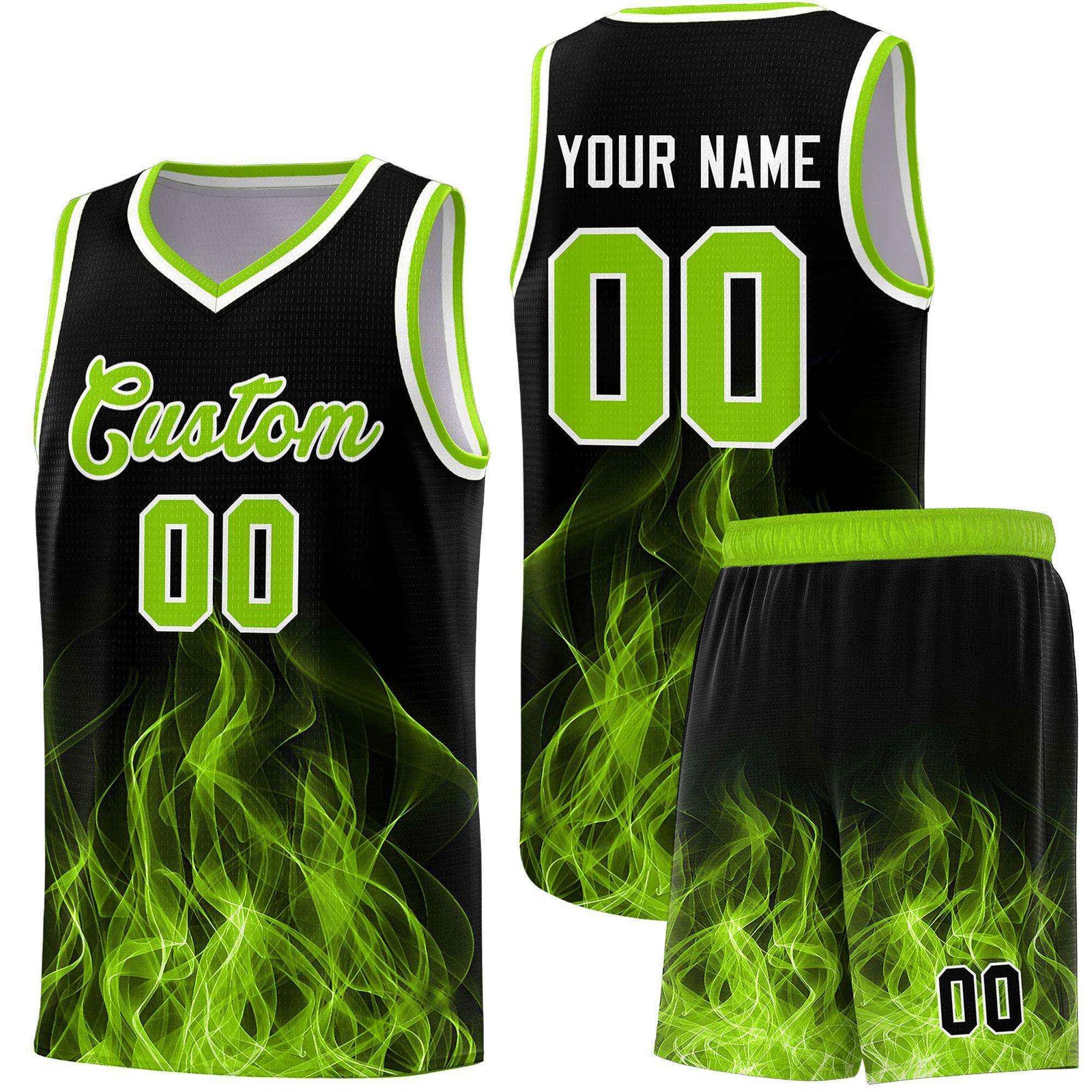 Custom Youth Basketball Jersey Black Neon Green Flame Design Personalized Team Uniform Set
