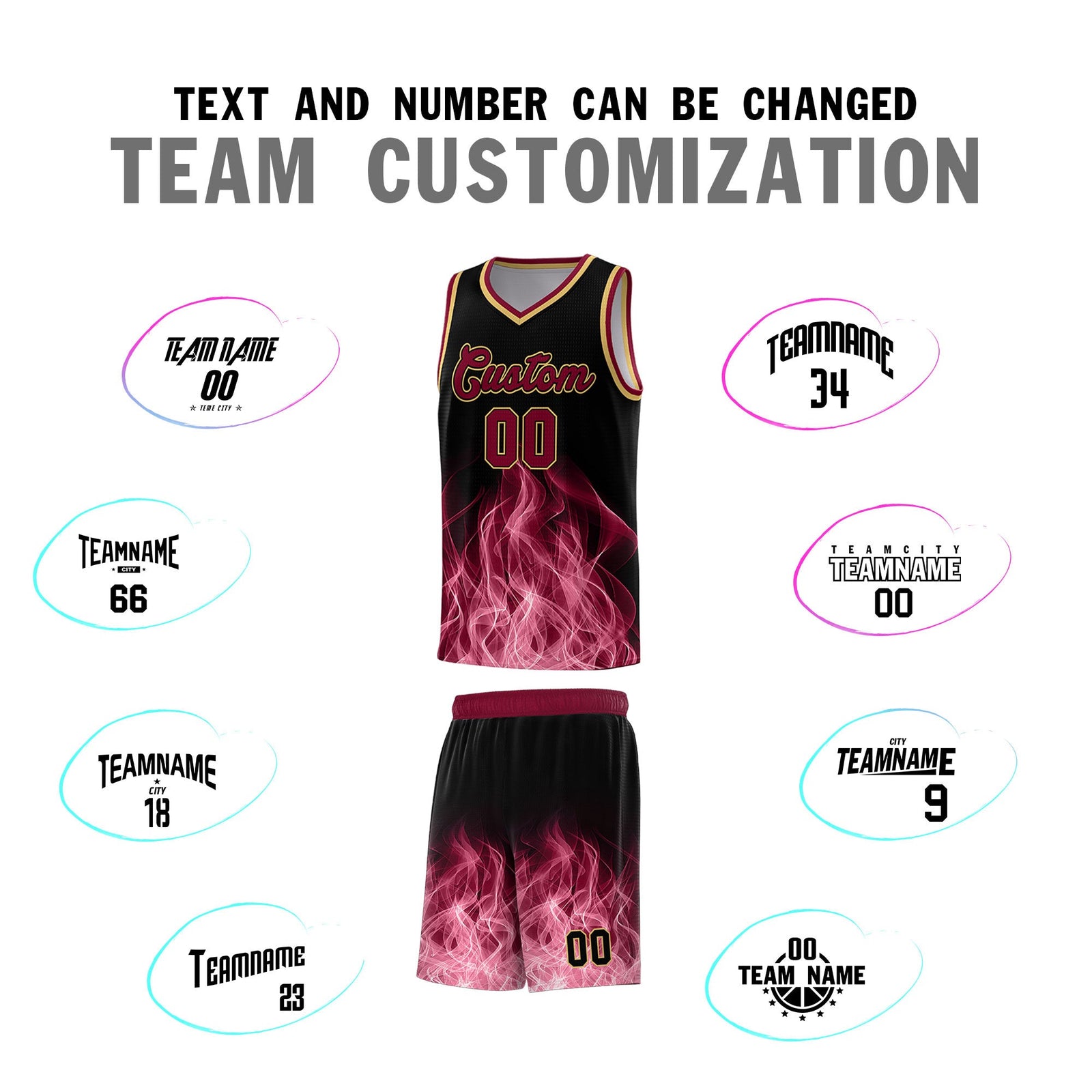 Custom Youth Basketball Jersey Black Crimson Flame Design Unique Team Uniform Set