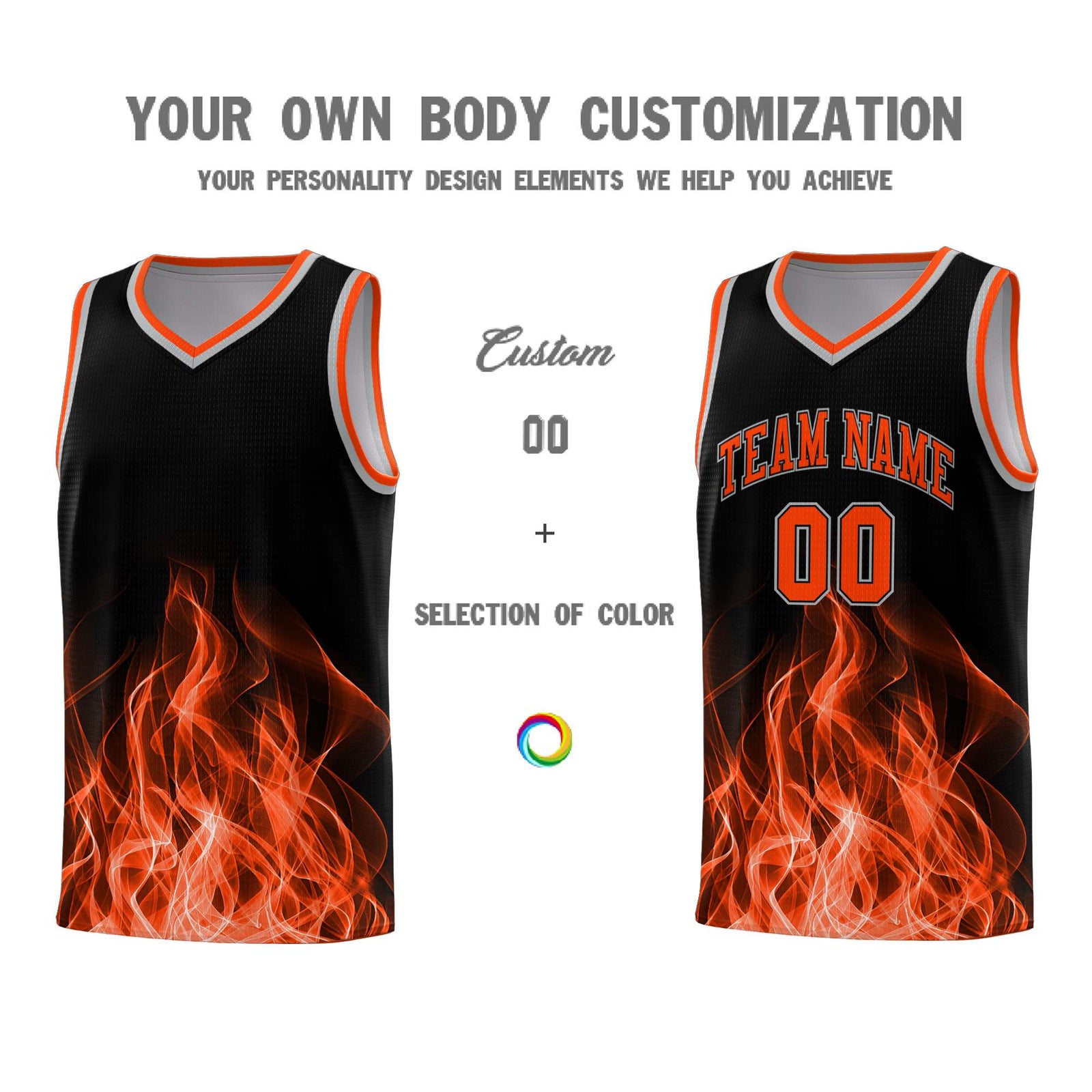 Custom Youth Basketball Jersey Black Orange Flame Design Unique Team Uniform Set