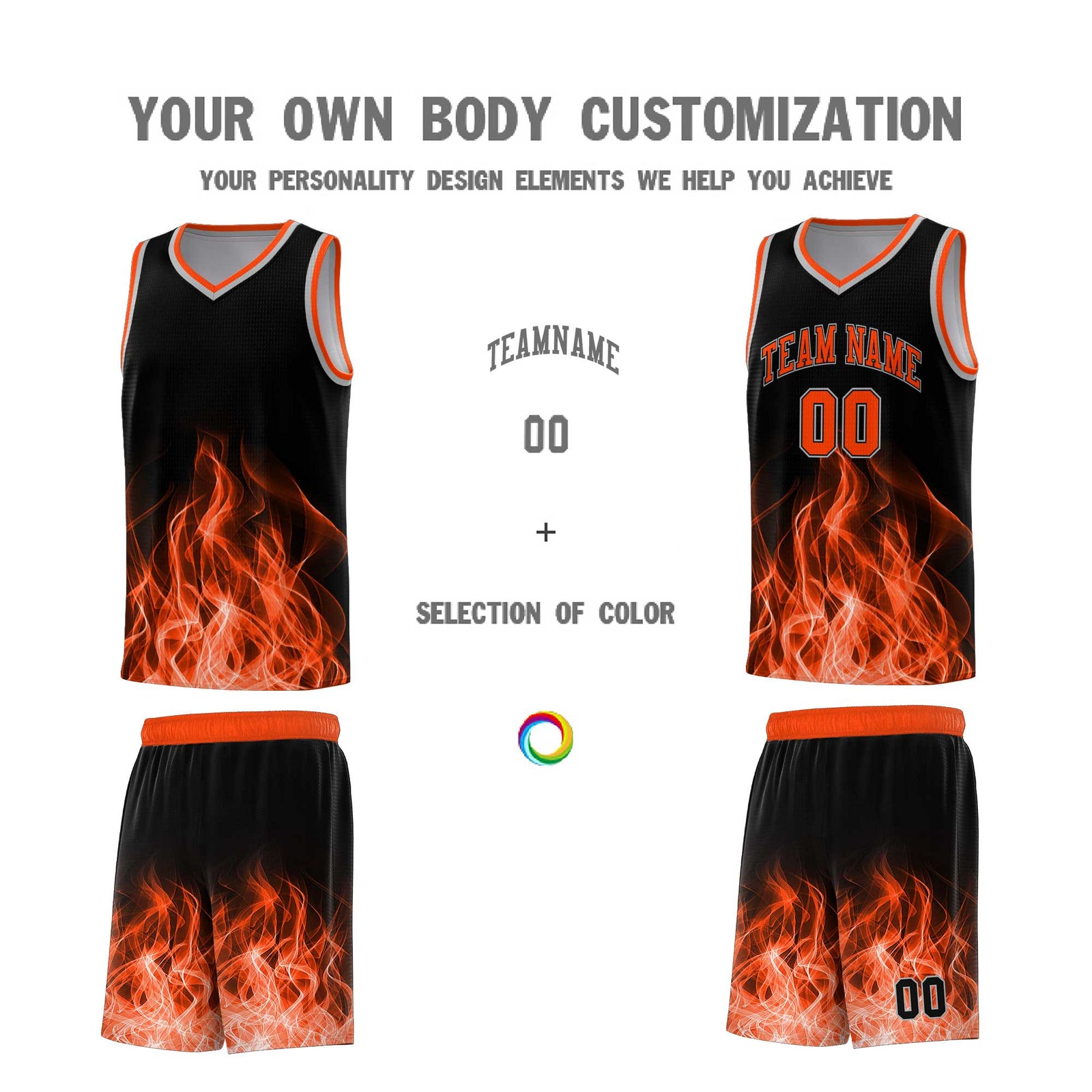 Custom Youth Basketball Jersey Black Orange Flame Design Unique Team Uniform Set