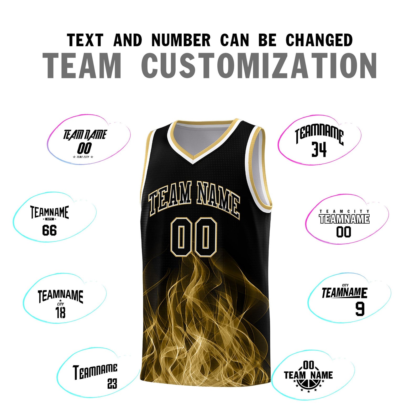 Custom Youth Basketball Jersey Black Old Gold Flame Fire Design Personalized Team Uniform Set