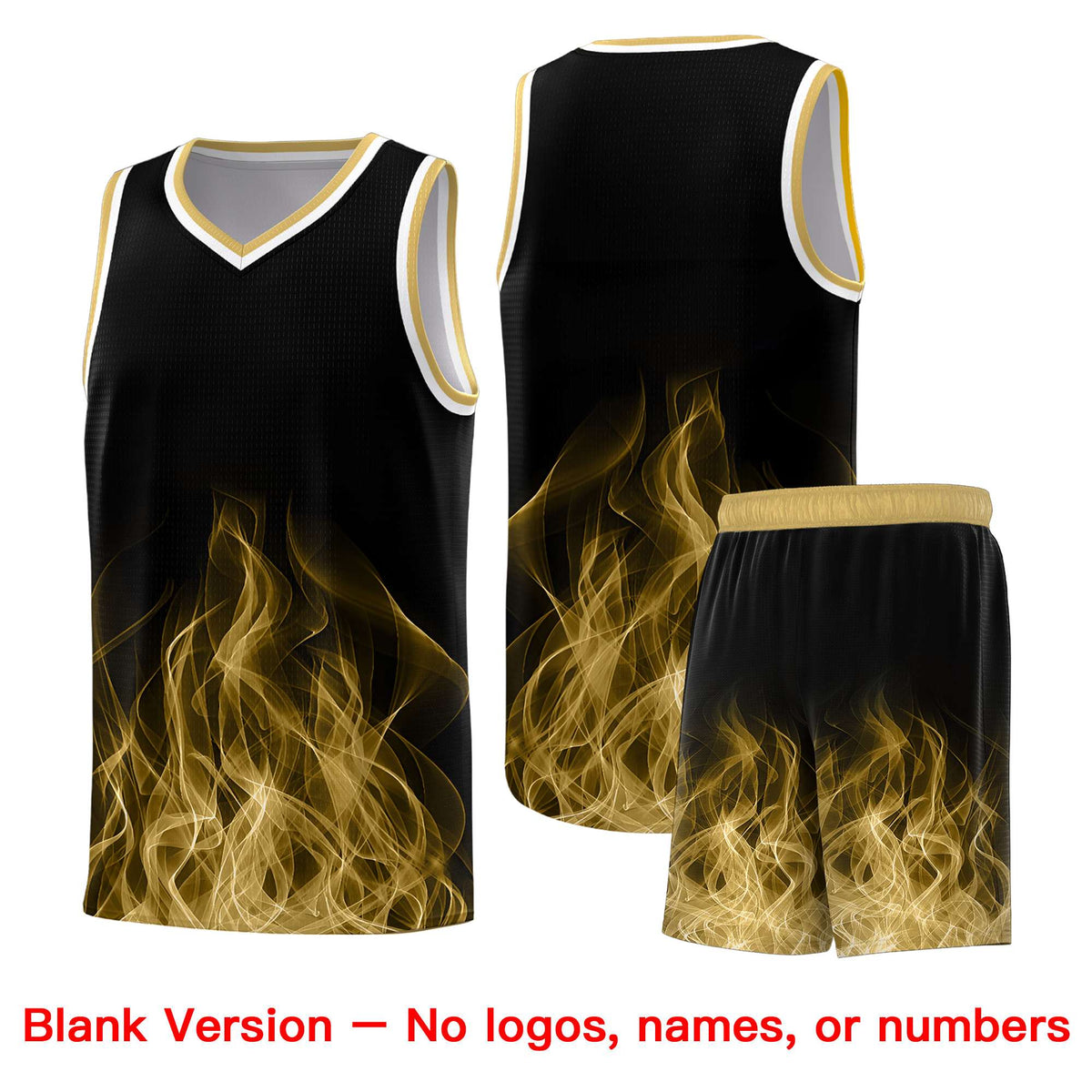 Custom Youth Basketball Jersey Black Old Gold Flame Fire Design Personalized Team Uniform Set