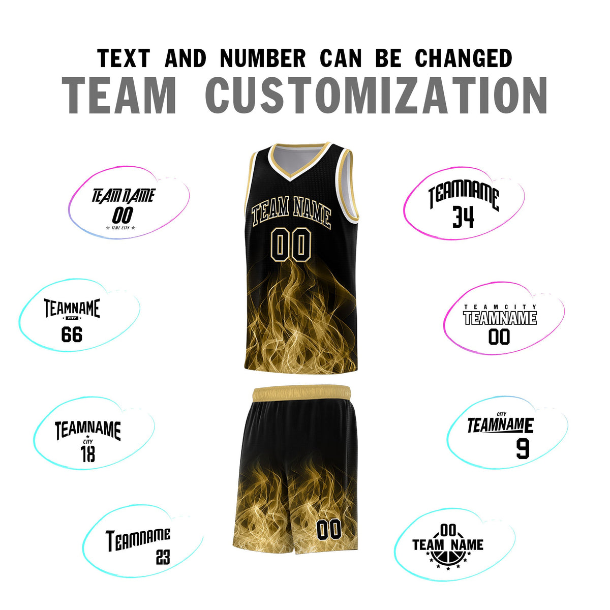 Custom Youth Basketball Jersey Black Old Gold Flame Fire Design Personalized Team Uniform Set
