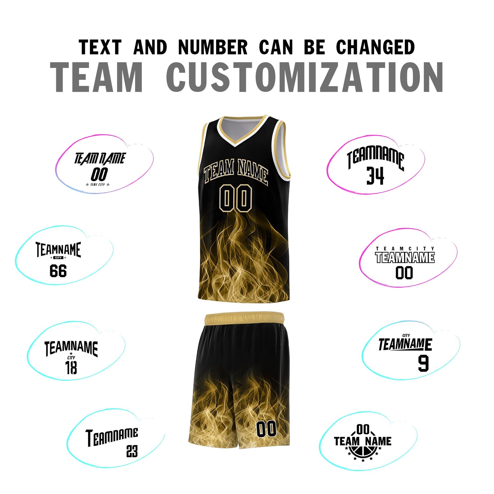 Custom Youth Basketball Jersey Black Old Gold Flame Fire Design Personalized Team Uniform Set