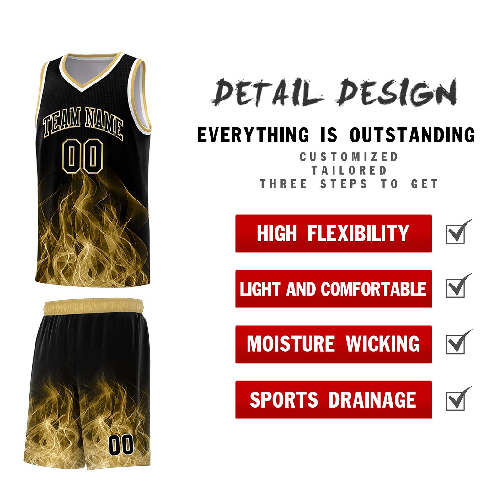 Custom Youth Basketball Jersey Black Old Gold Flame Fire Design Personalized Team Uniform Set