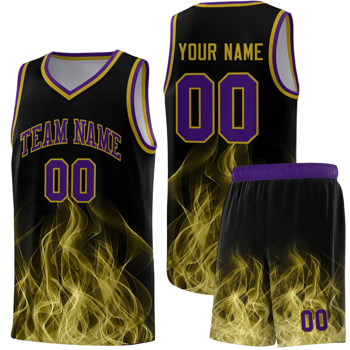 Custom Youth Basketball Jersey Black Purple Flame Design Unique Team Uniform Set
