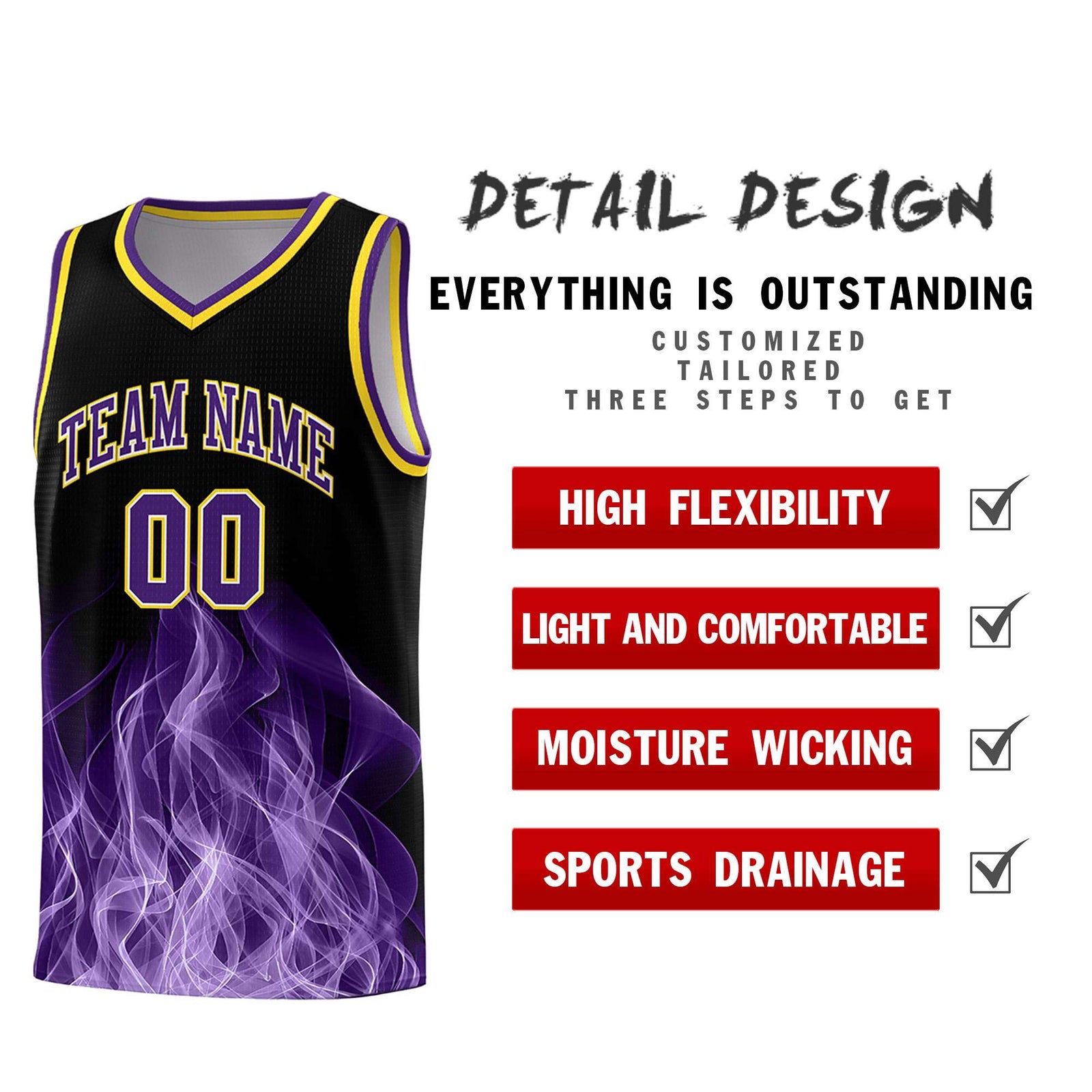 Custom Youth Basketball Jersey Black Gold Flame Design Personalized Team Uniform Set