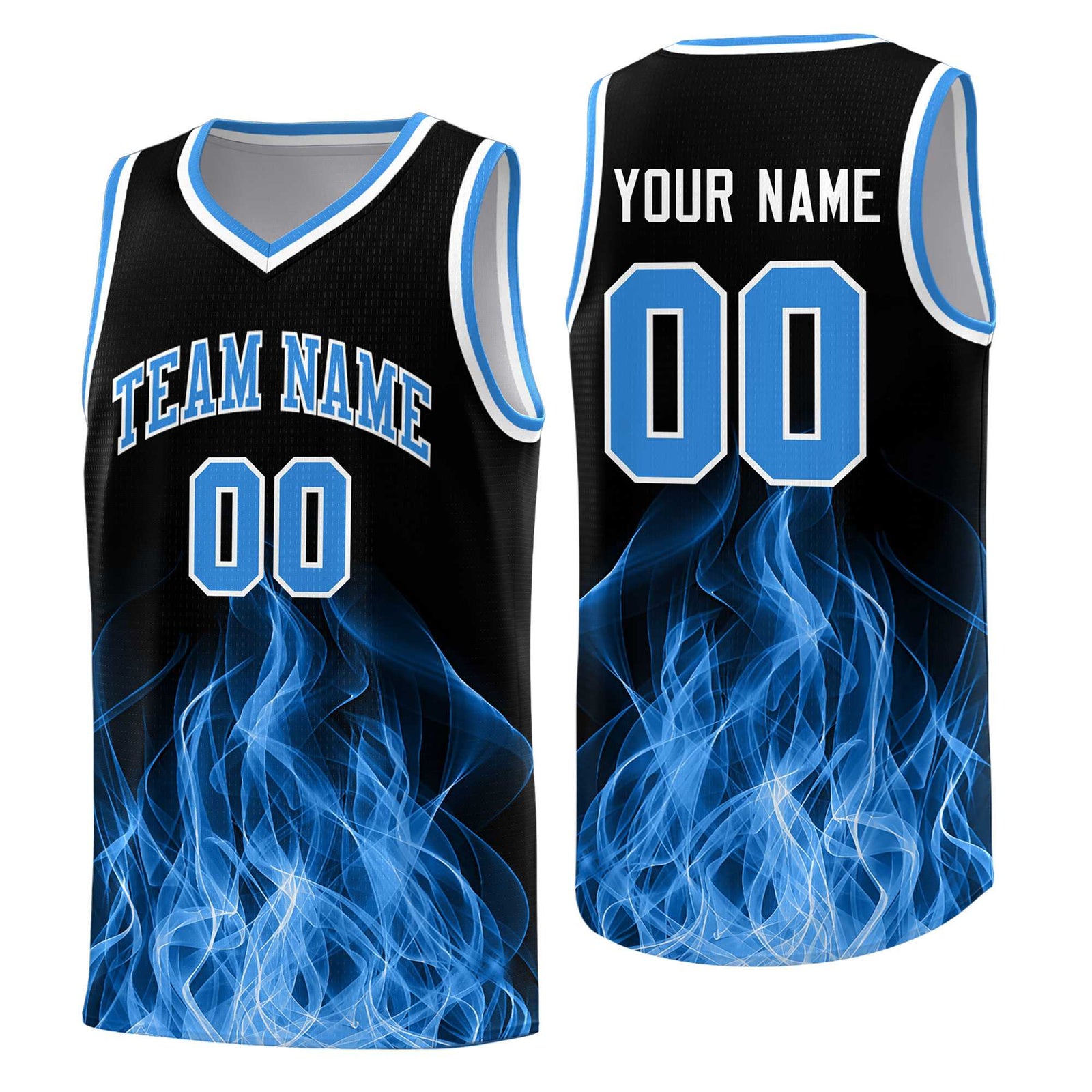 Custom Youth Basketball Jersey Black Light Blue Flame Design Unique Team Uniform Set