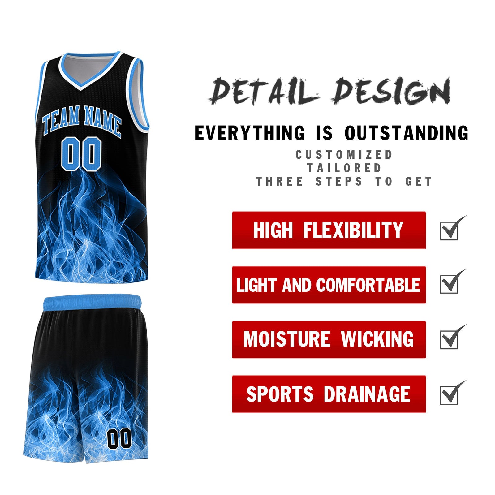 Custom Youth Basketball Jersey Black Light Blue Flame Design Unique Team Uniform Set