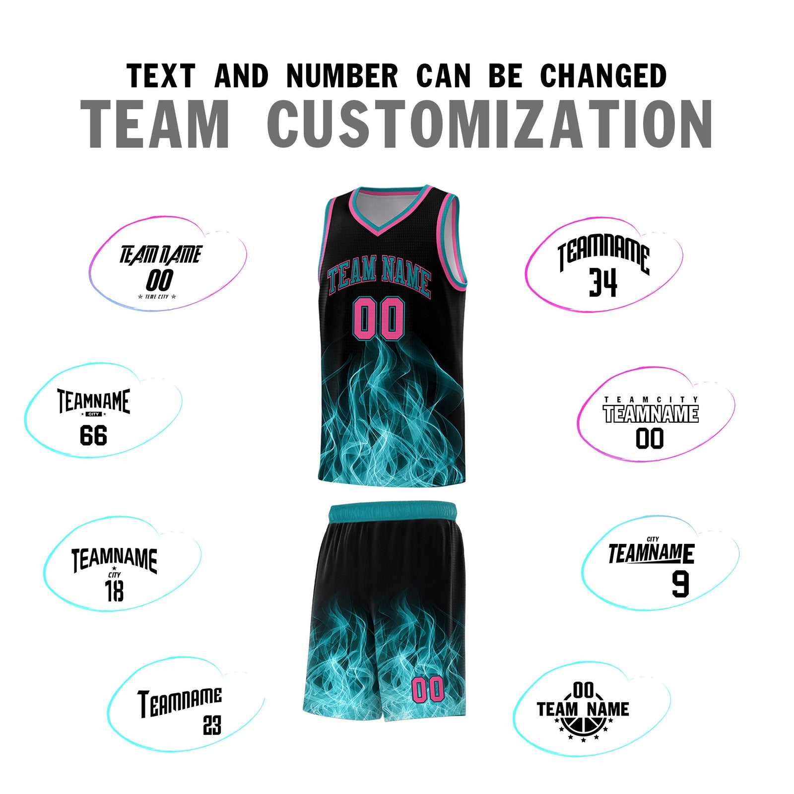 Custom Youth Basketball Jersey Black Teal Flame Fire Design Personalized Team Uniform Set