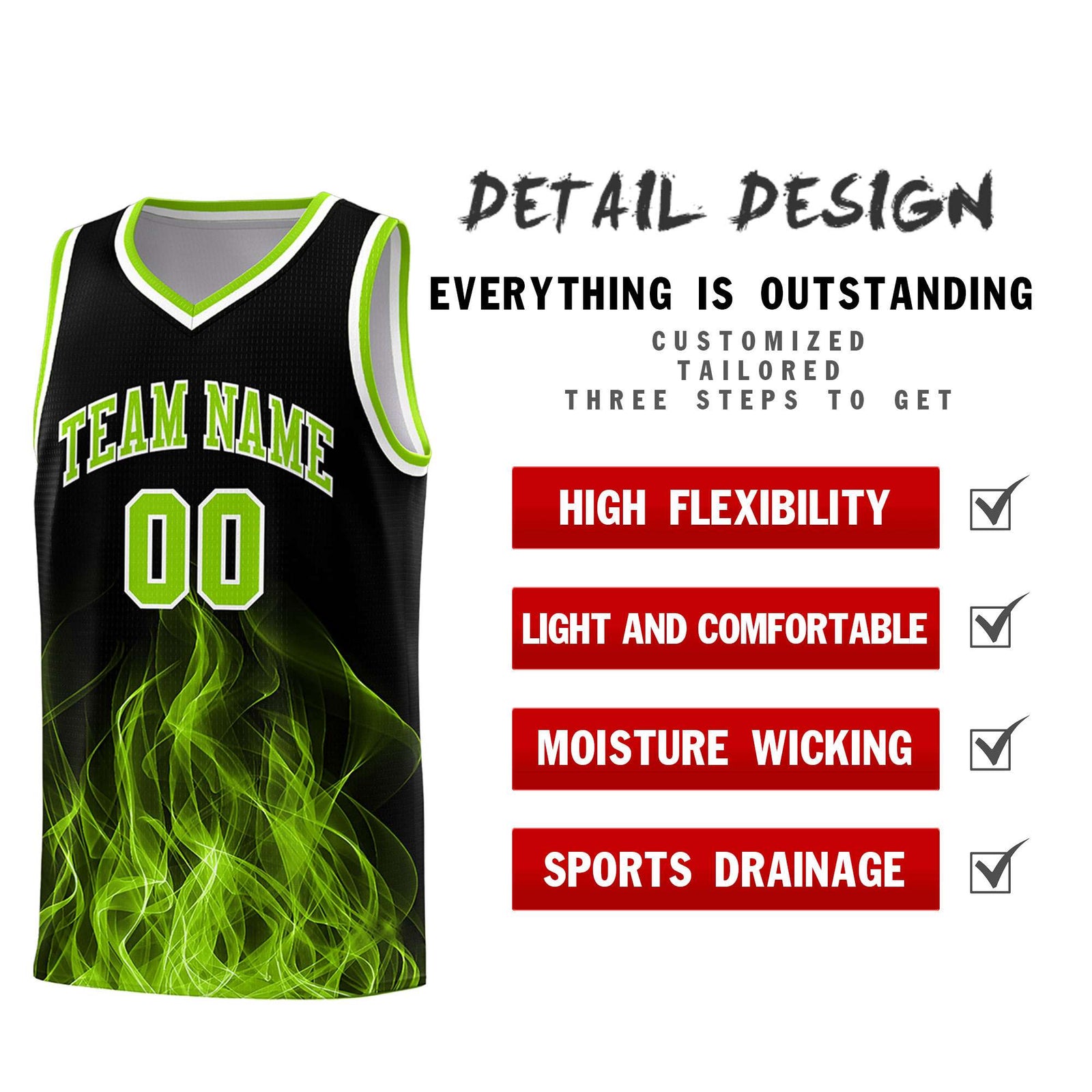 Custom Youth Basketball Jersey Black Neon Green Flame Design Personalized Team Uniform Set