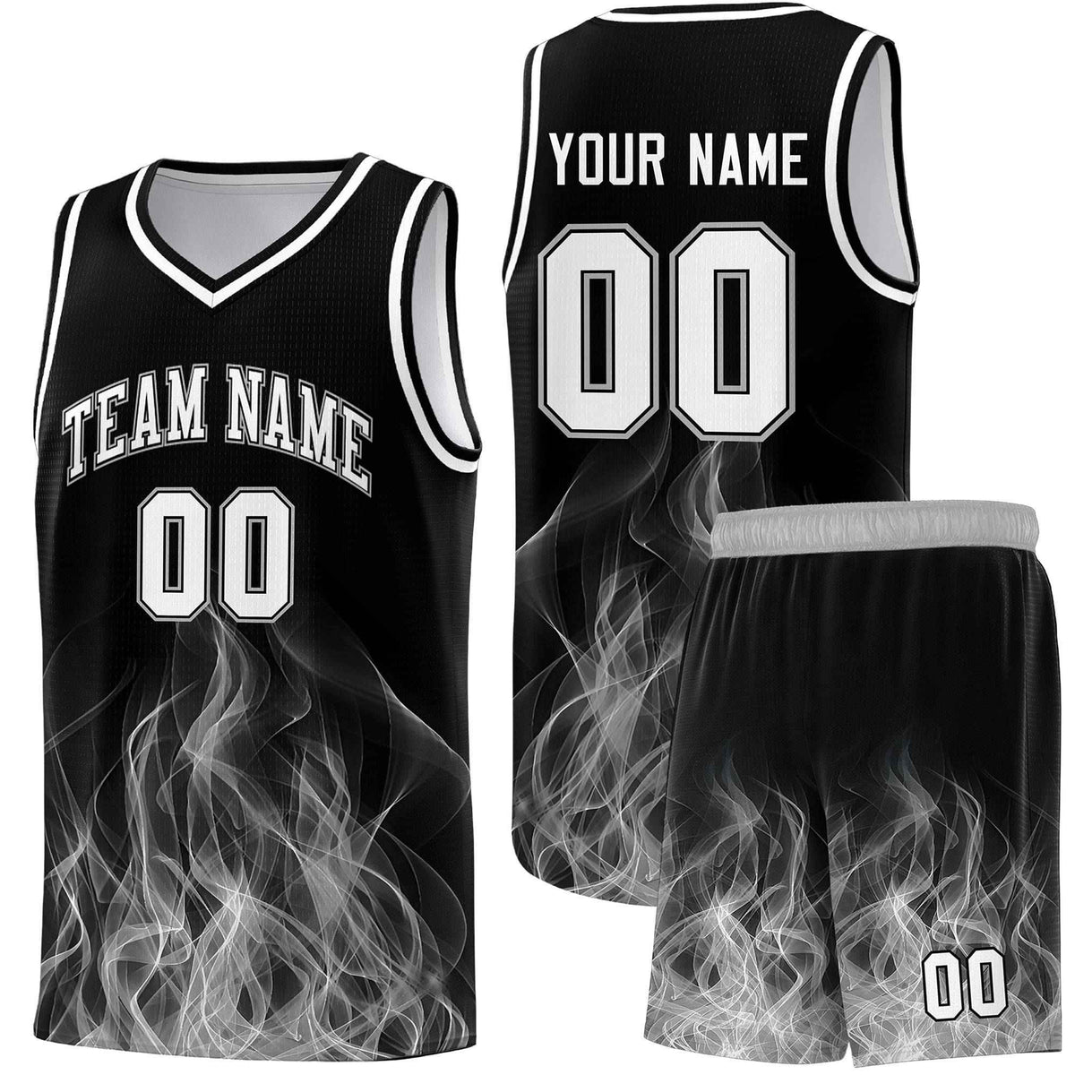 Custom Youth Basketball Jersey Black Gray Flame Fire Design Personalized Team Uniform Set