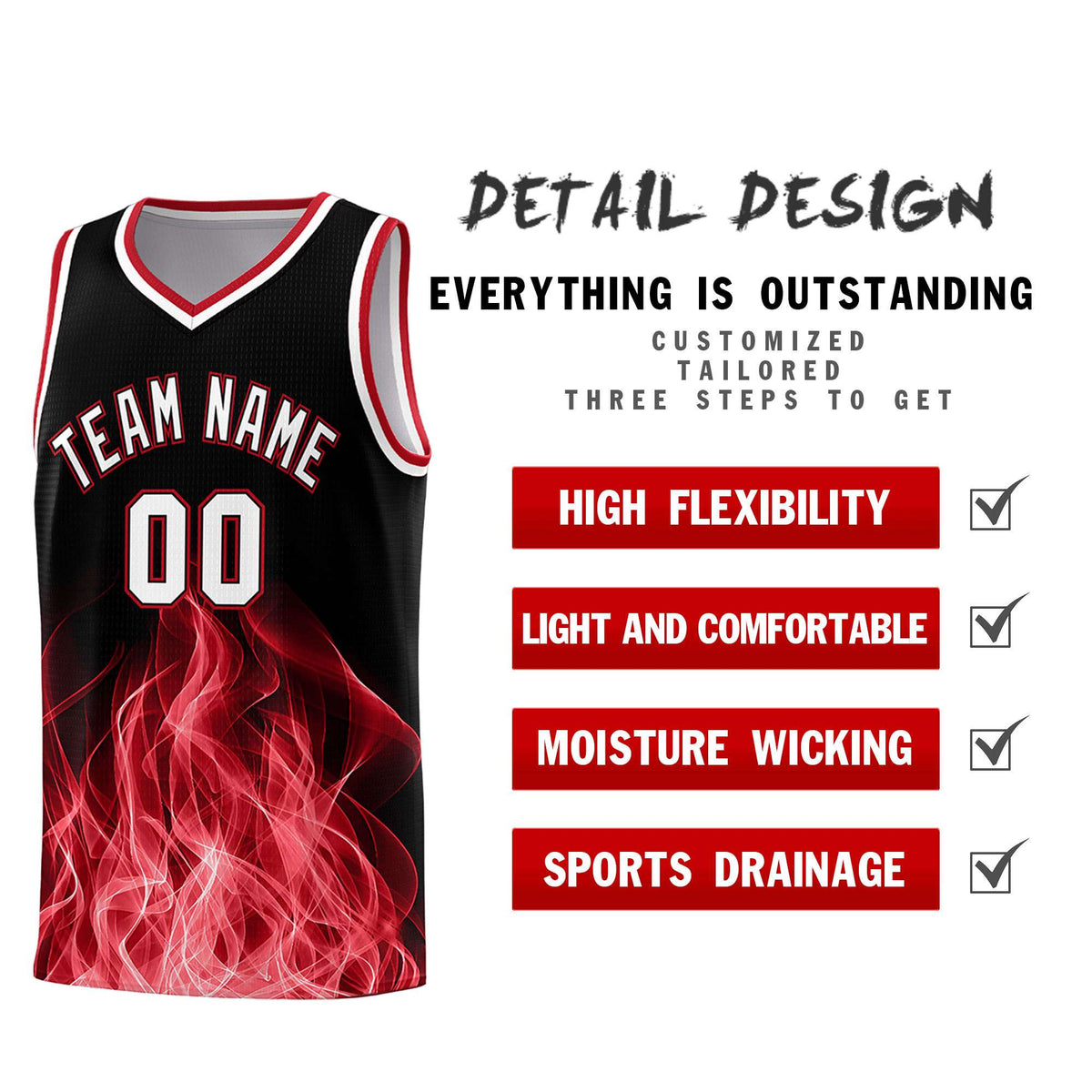 Custom Youth Basketball Jersey Black Red Flame Design Personalized Team Uniform Set