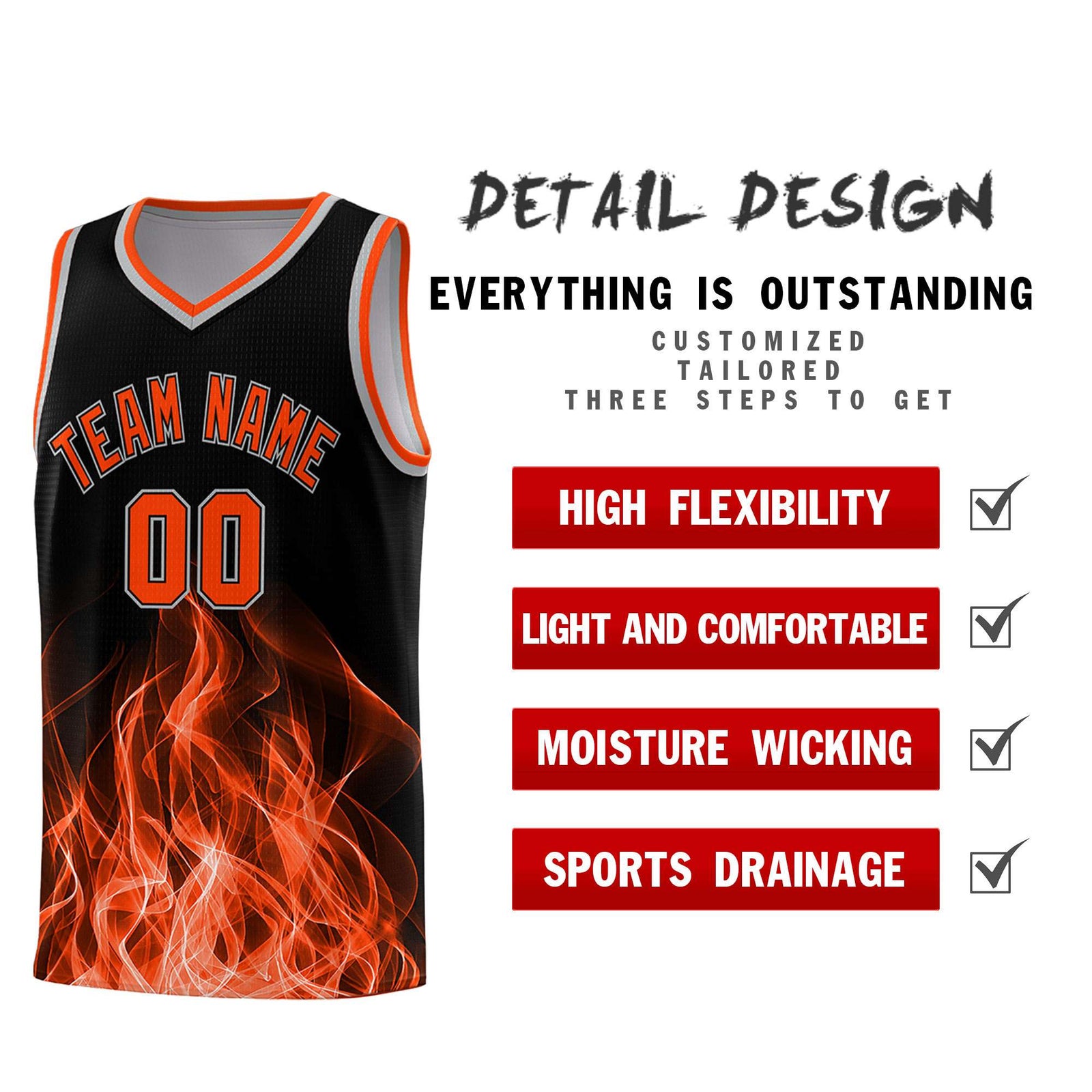 Custom Youth Basketball Jersey Black Orange Flame Design Unique Team Uniform Set