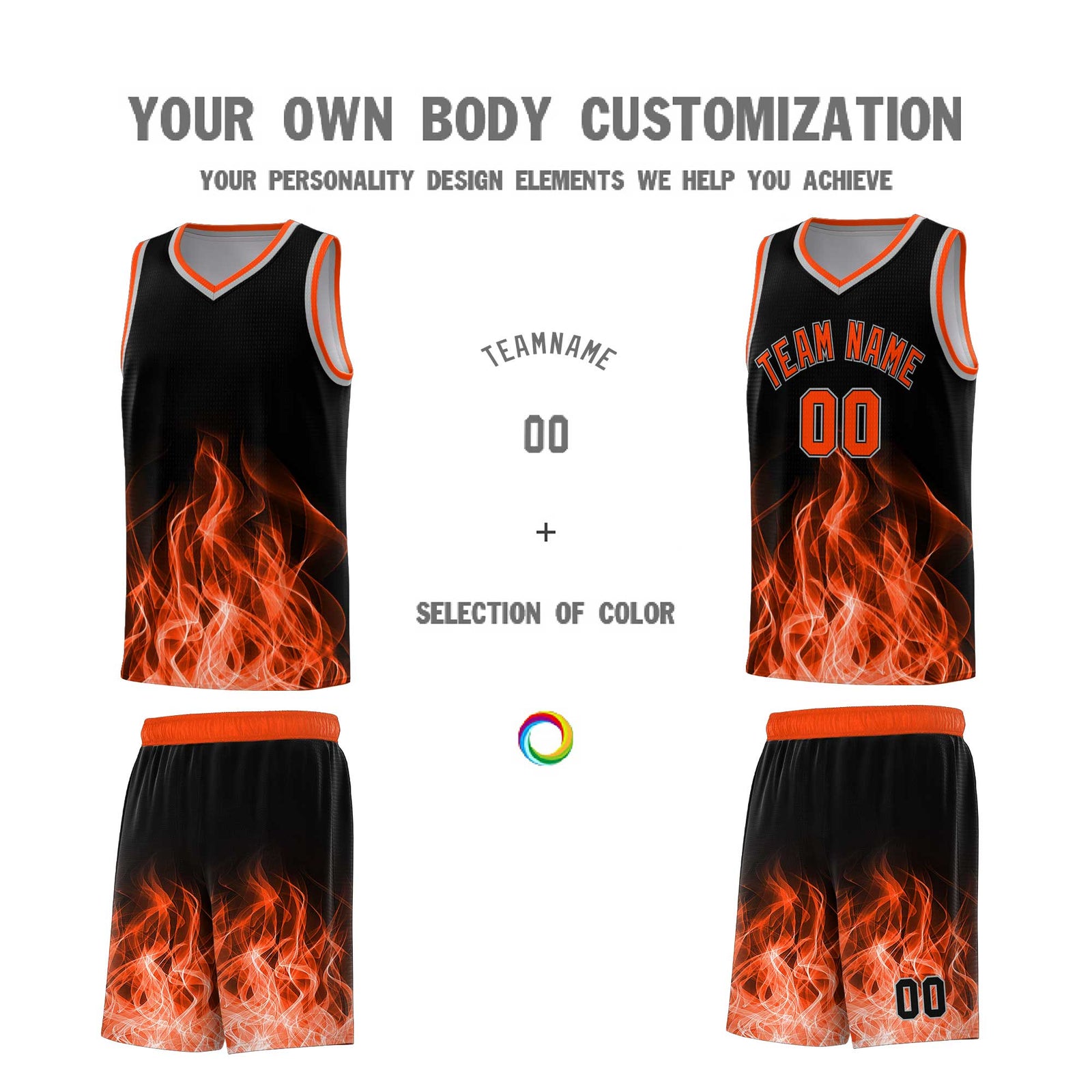 Custom Youth Basketball Jersey Black Orange Flame Design Unique Team Uniform Set