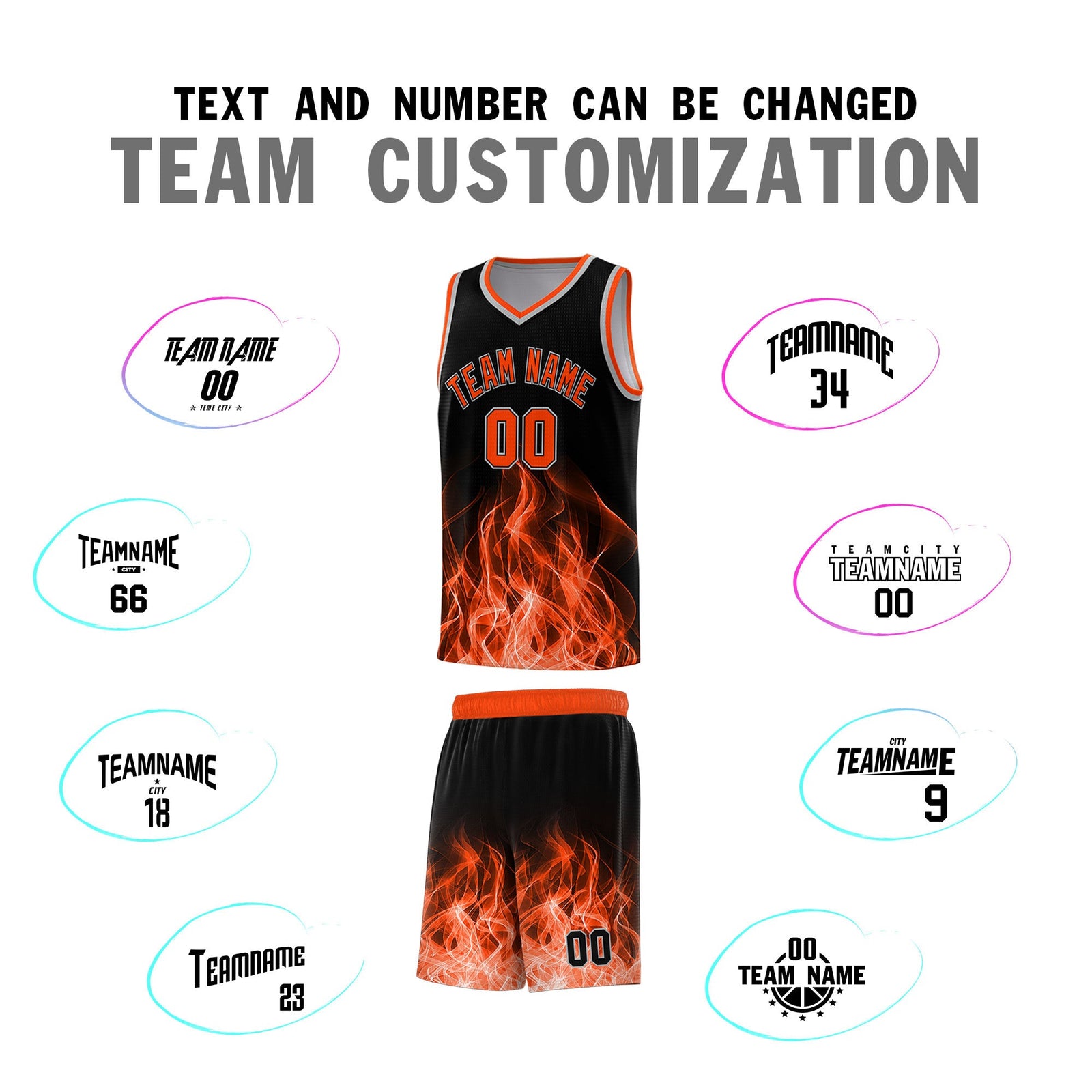 Custom Youth Basketball Jersey Black Orange Flame Design Unique Team Uniform Set