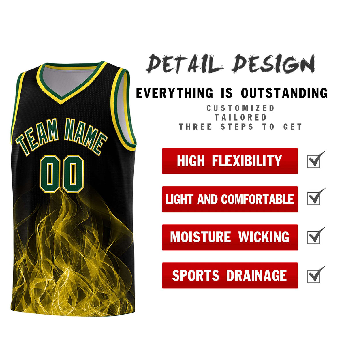 Custom Youth Basketball Jersey Black Gold Flame Design Personalized Team Uniform Set
