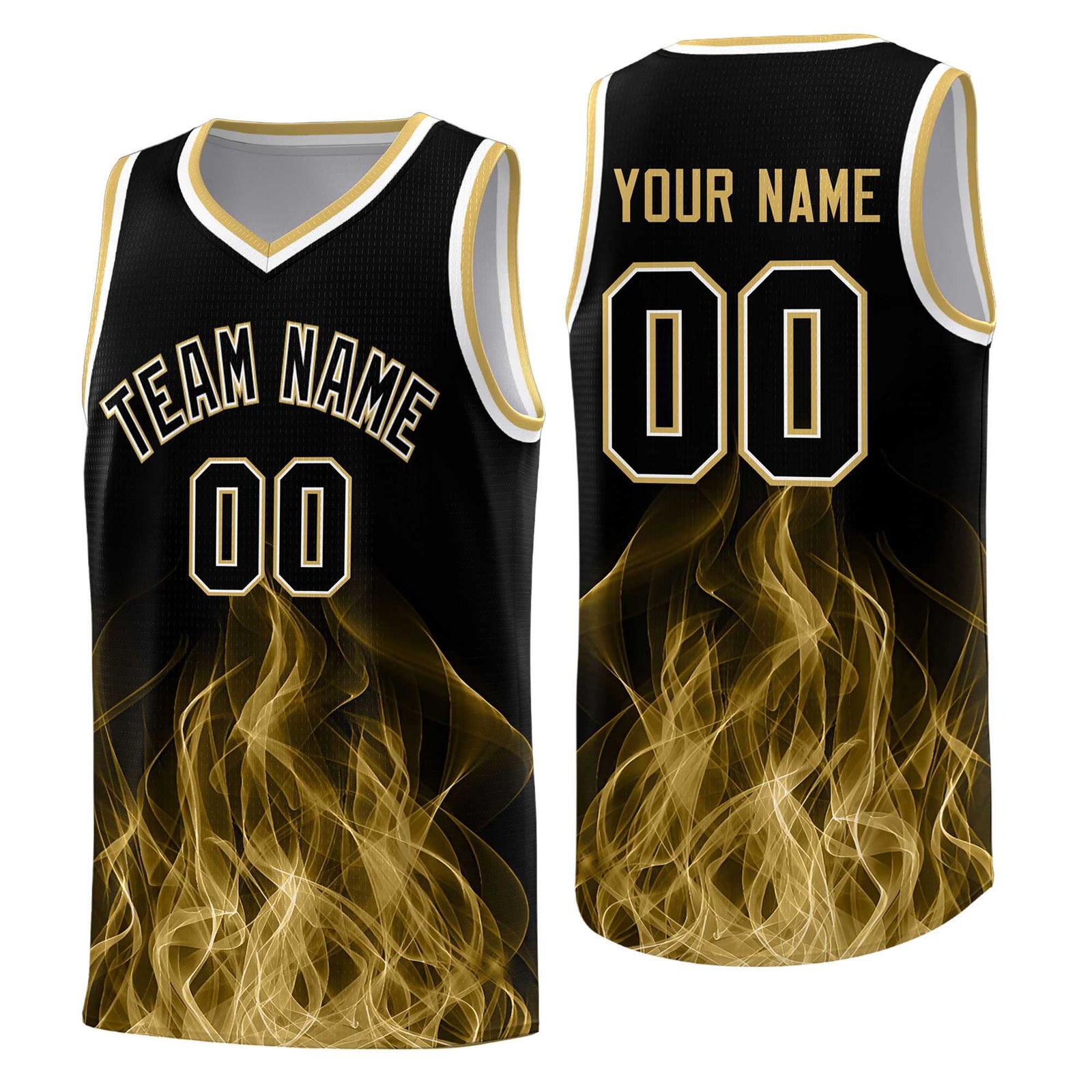 Custom Youth Basketball Jersey Black Old Gold Flame Fire Design Personalized Team Uniform Set