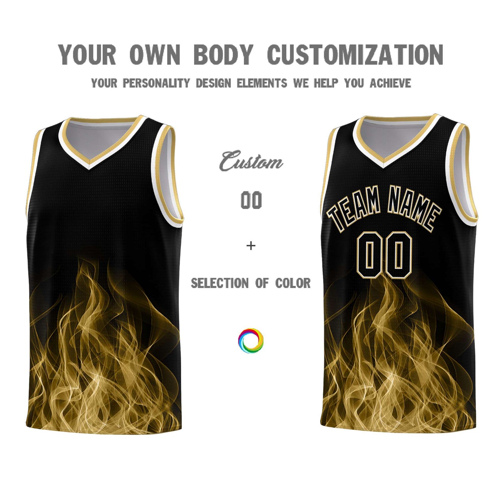 Custom Youth Basketball Jersey Black Old Gold Flame Fire Design Personalized Team Uniform Set