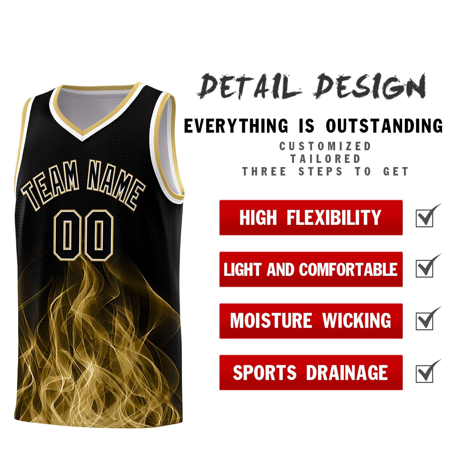 Custom Youth Basketball Jersey Black Old Gold Flame Fire Design Personalized Team Uniform Set