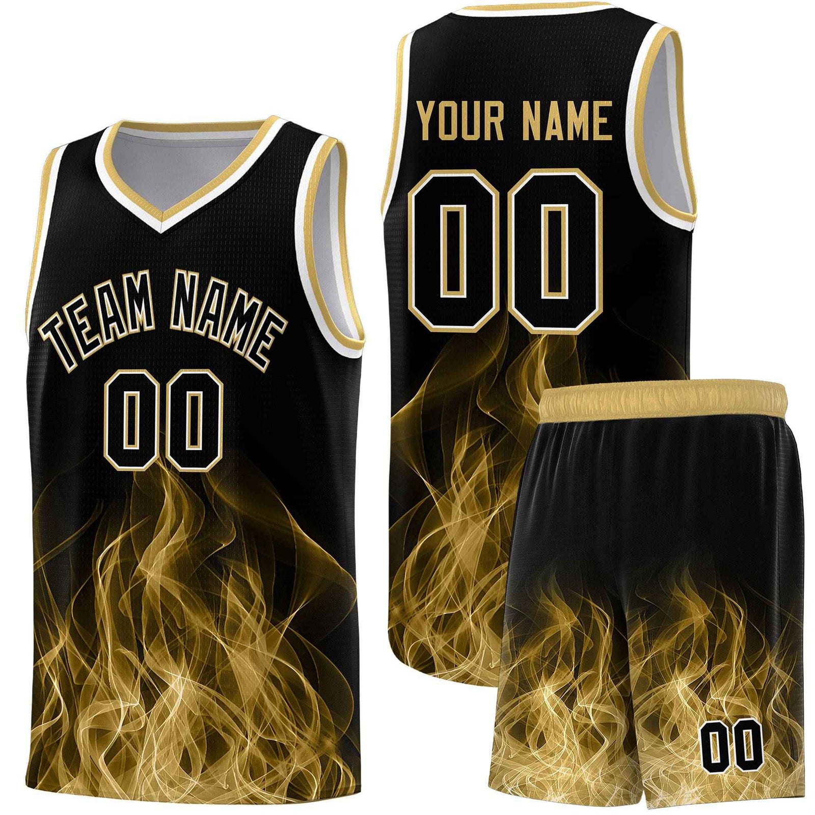 Custom Youth Basketball Jersey Black Old Gold Flame Fire Design Personalized Team Uniform Set