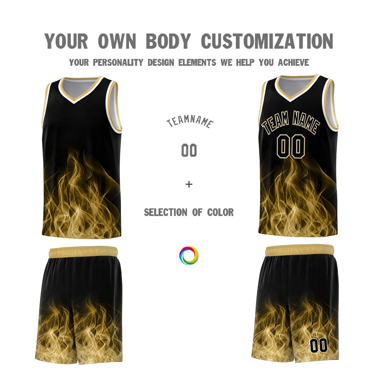 Custom Youth Basketball Jersey Black Old Gold Flame Fire Design Personalized Team Uniform Set