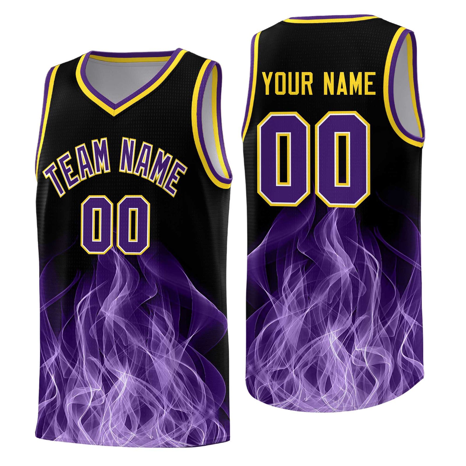 Custom Youth Basketball Jersey Black Gold Flame Design Personalized Team Uniform Set
