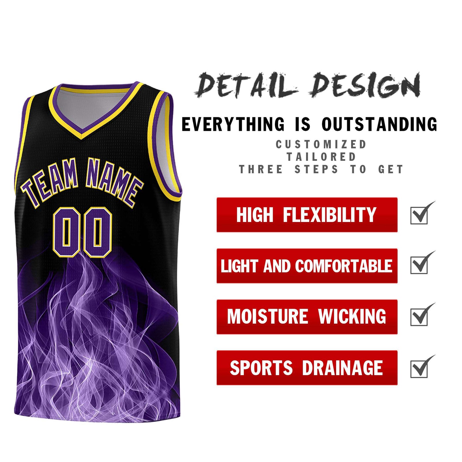 Custom Youth Basketball Jersey Black Gold Flame Design Personalized Team Uniform Set