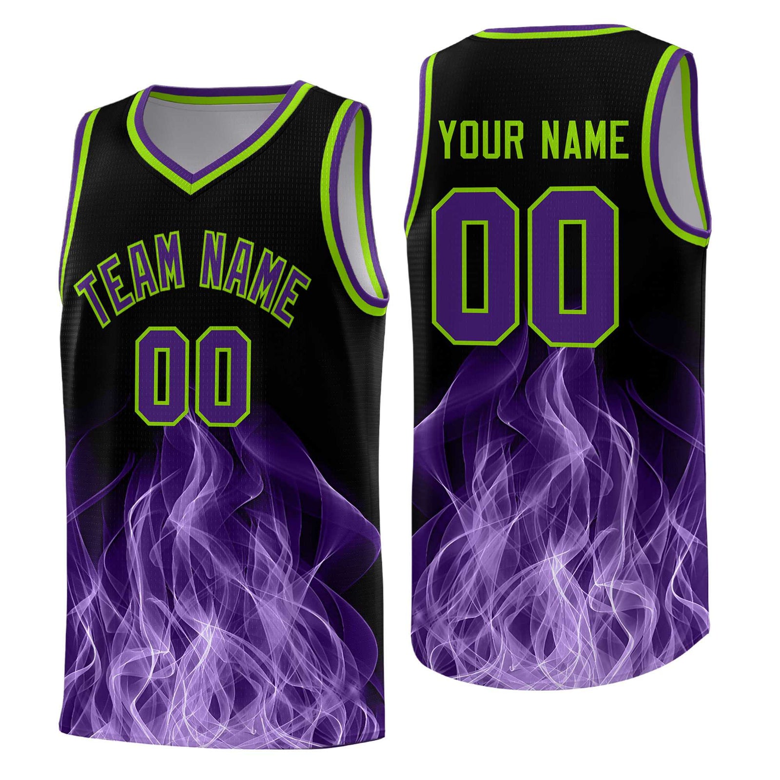 Custom Youth Basketball Jersey Black Neon Green Flame Fire Design Personalized Team Uniform Set