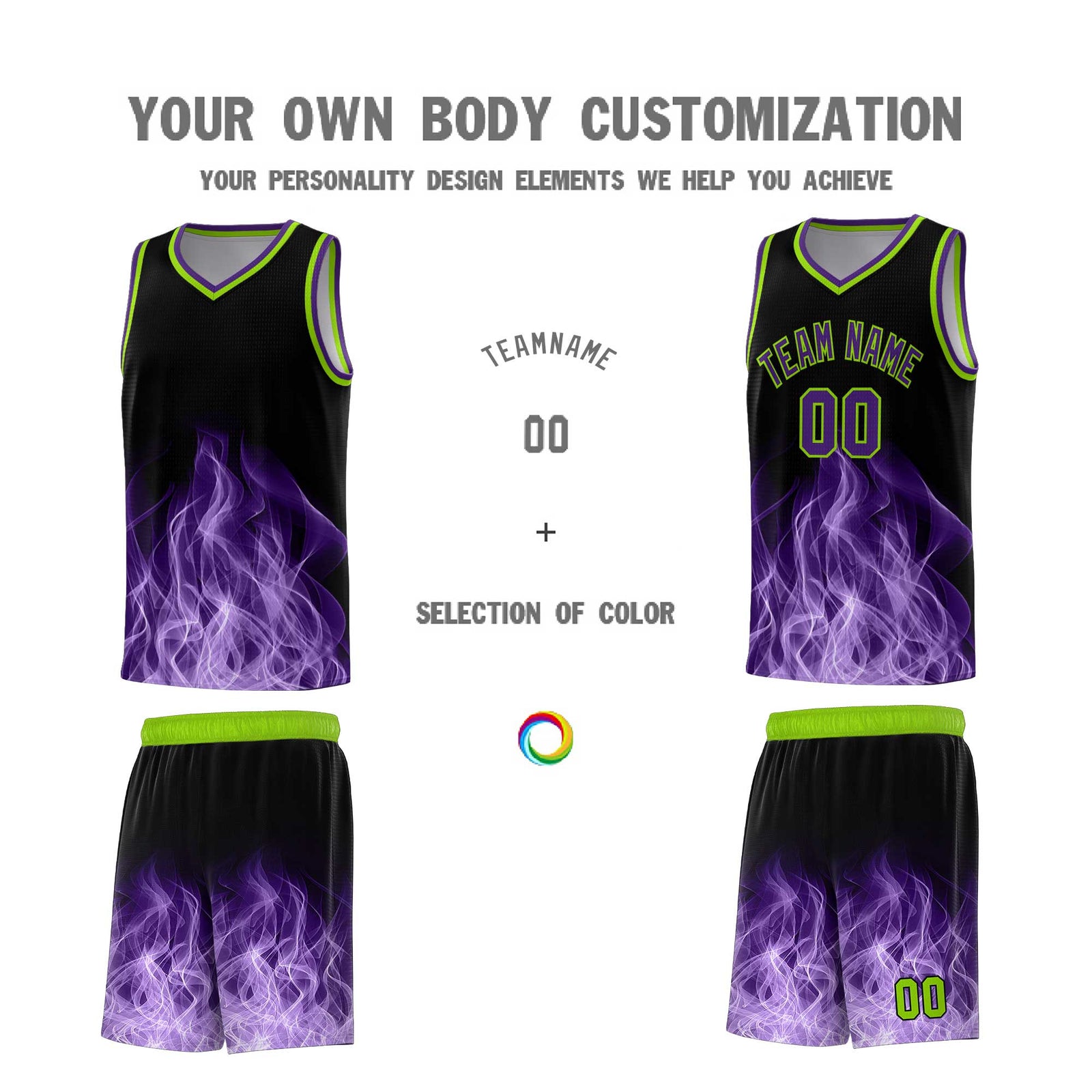Custom Youth Basketball Jersey Black Neon Green Flame Fire Design Personalized Team Uniform Set