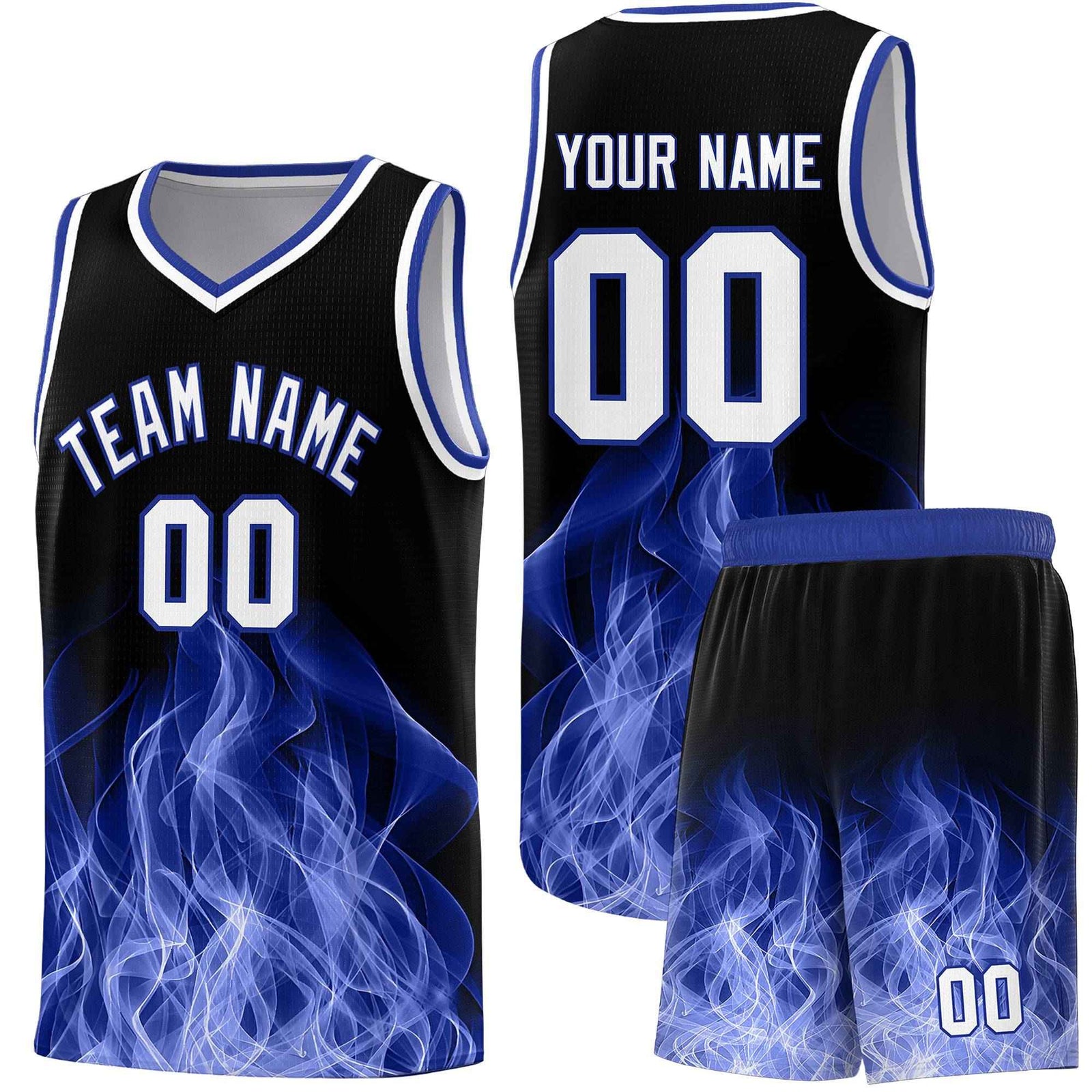 Custom Youth Basketball Jersey Black Royal Flame Design Personalized Team Uniform Set