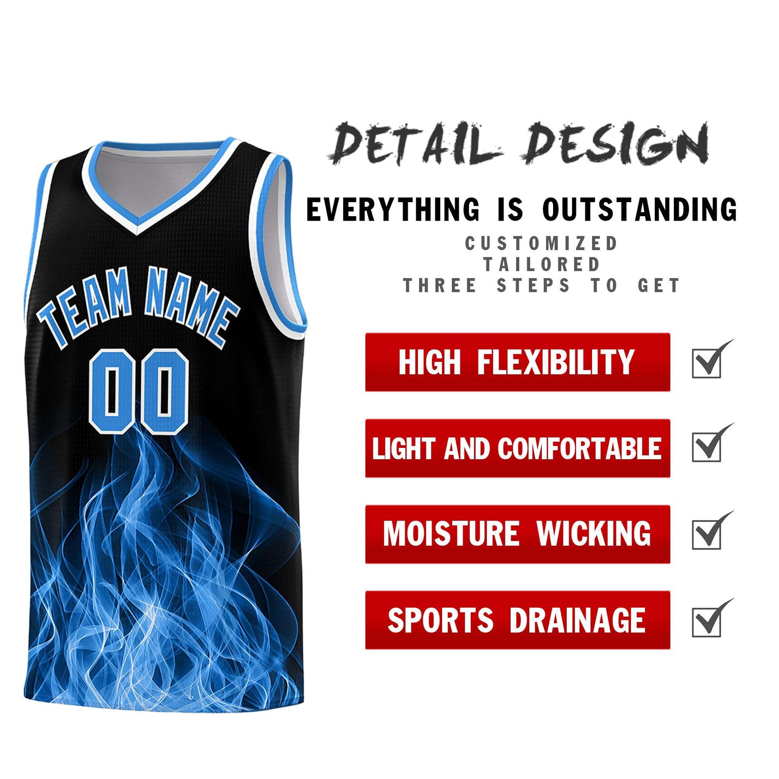 Custom Youth Basketball Jersey Black Light Blue Flame Design Unique Team Uniform Set