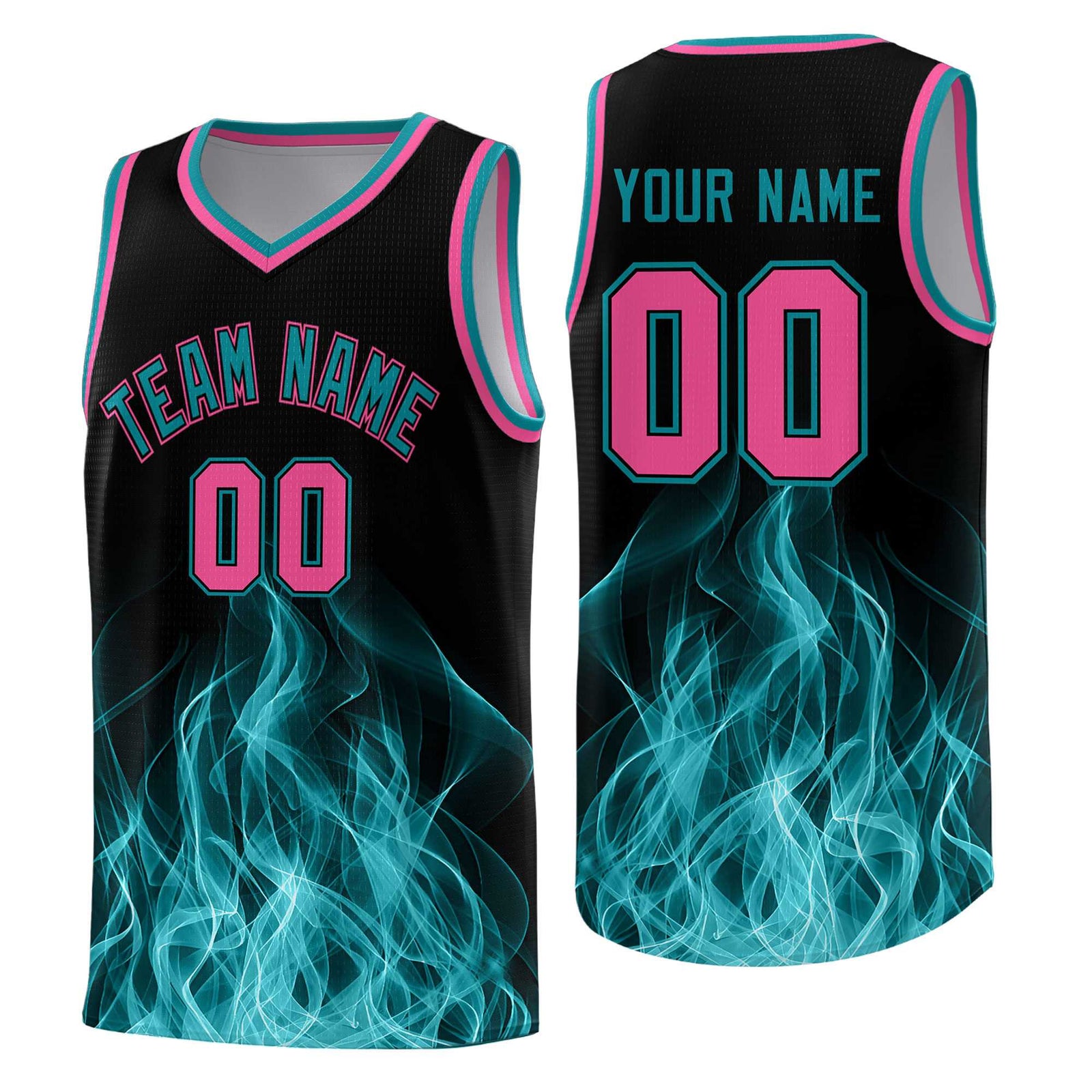 Custom Youth Basketball Jersey Black Teal Flame Fire Design Personalized Team Uniform Set