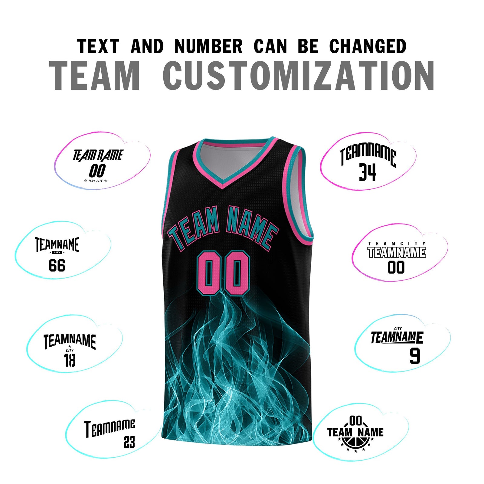Custom Youth Basketball Jersey Black Teal Flame Fire Design Personalized Team Uniform Set