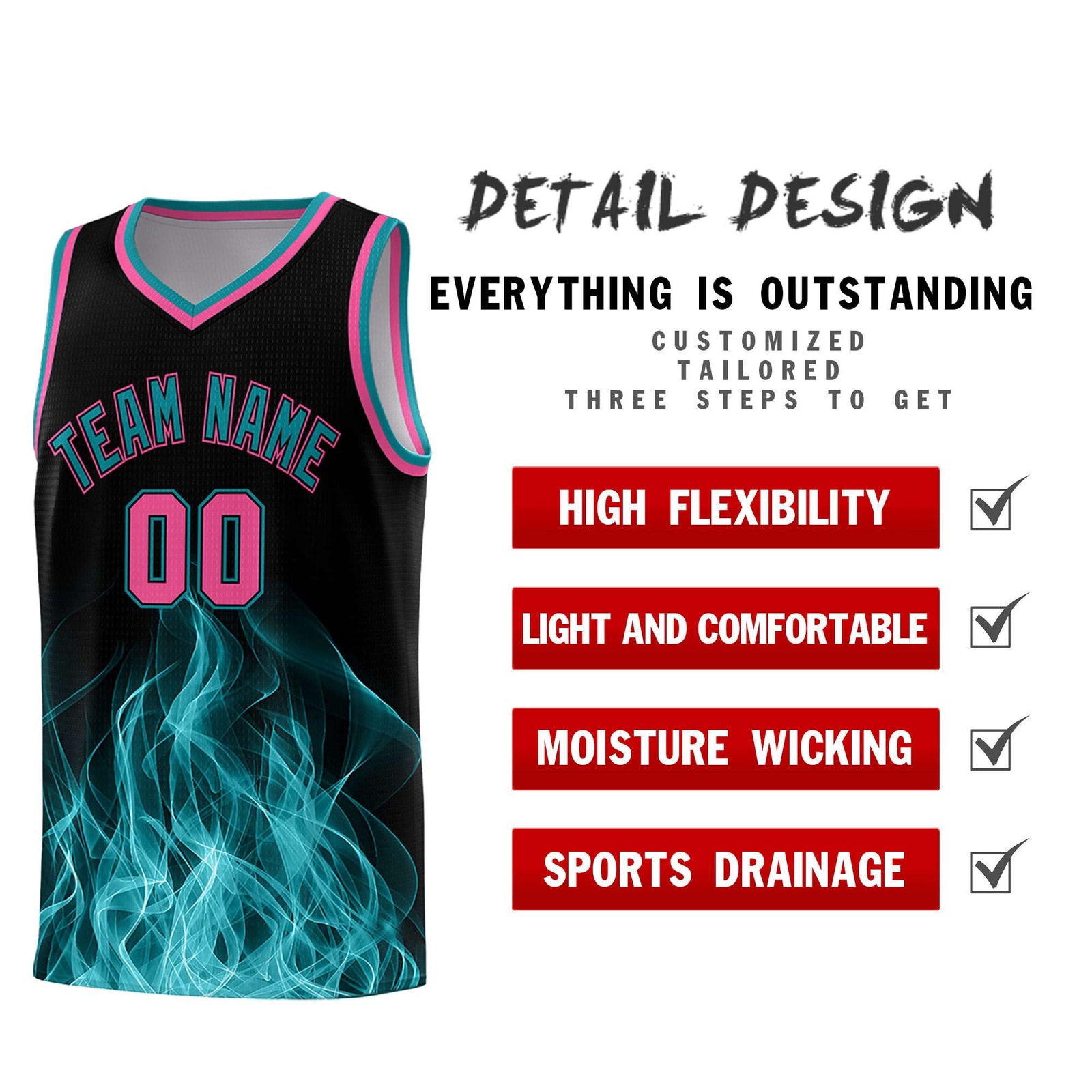 Custom Youth Basketball Jersey Black Teal Flame Fire Design Personalized Team Uniform Set