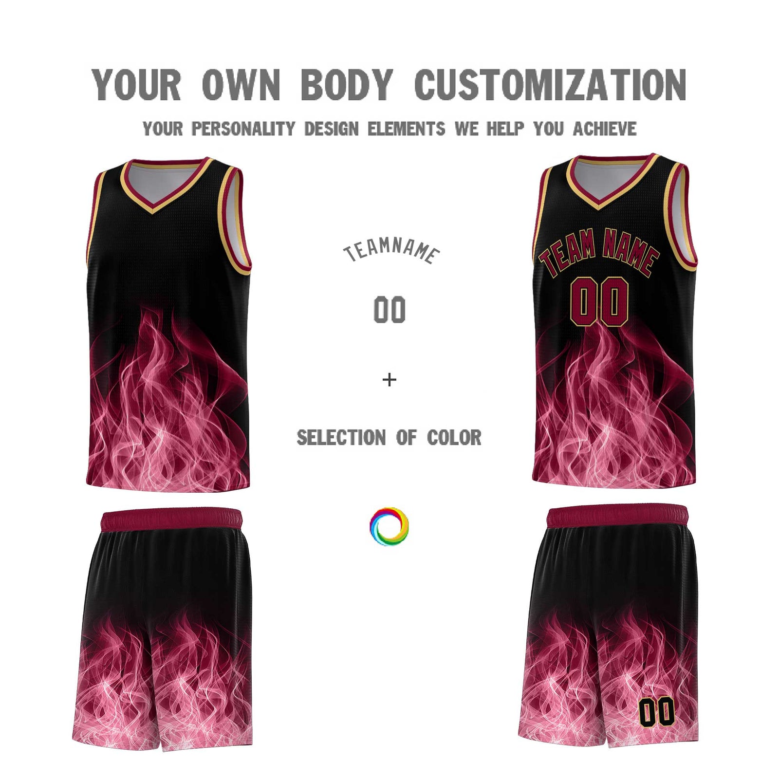 Custom Youth Basketball Jersey Black Crimson Flame Design Unique Team Uniform Set