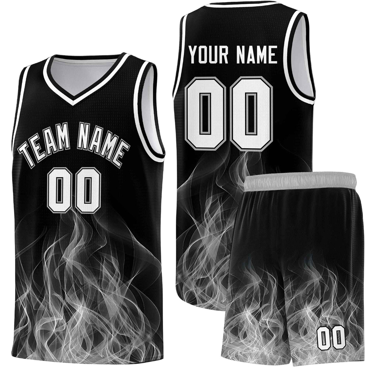 Custom Youth Basketball Jersey Black Gray Flame Fire Design Personalized Team Uniform Set