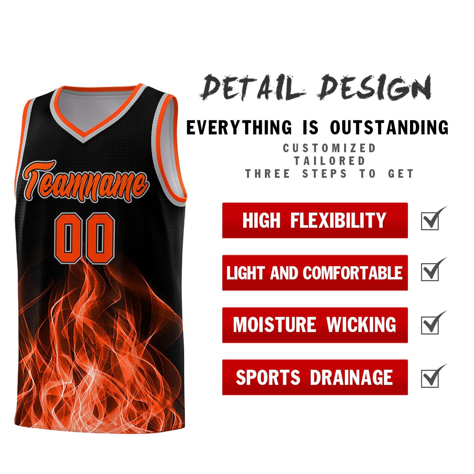 Custom Youth Basketball Jersey Black Orange Flame Design Unique Team Uniform Set