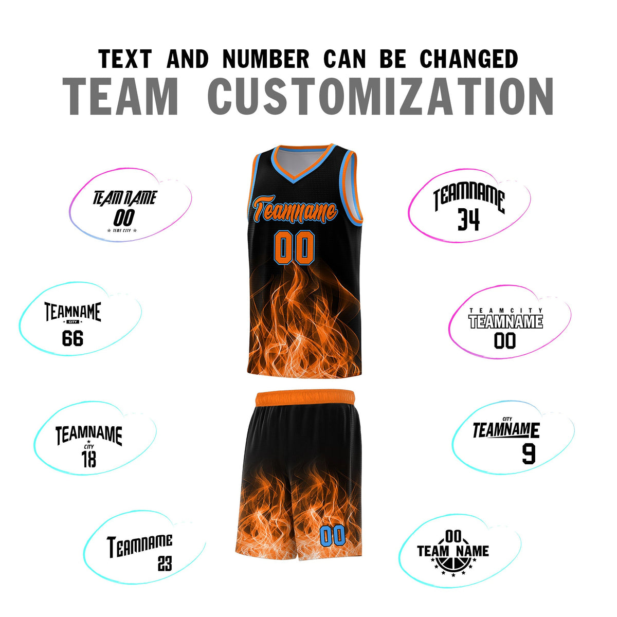 Custom Youth Basketball Jersey Black Orange Flame Design Personalized Team Uniform Set