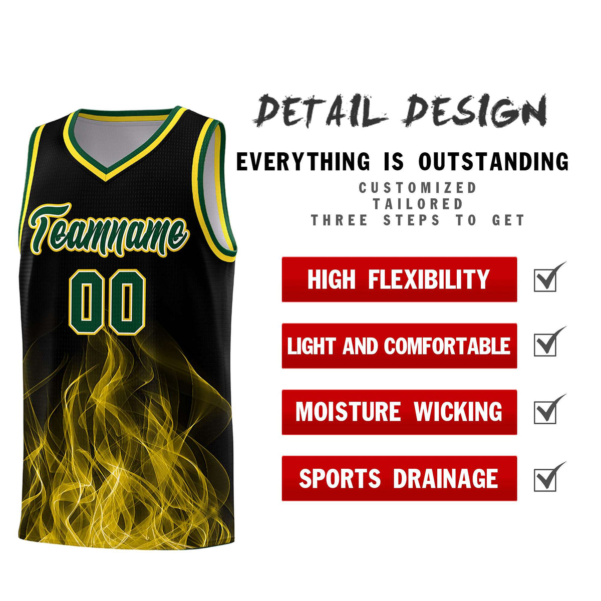 Custom Youth Basketball Jersey Black Gold Flame Design Personalized Team Uniform Set