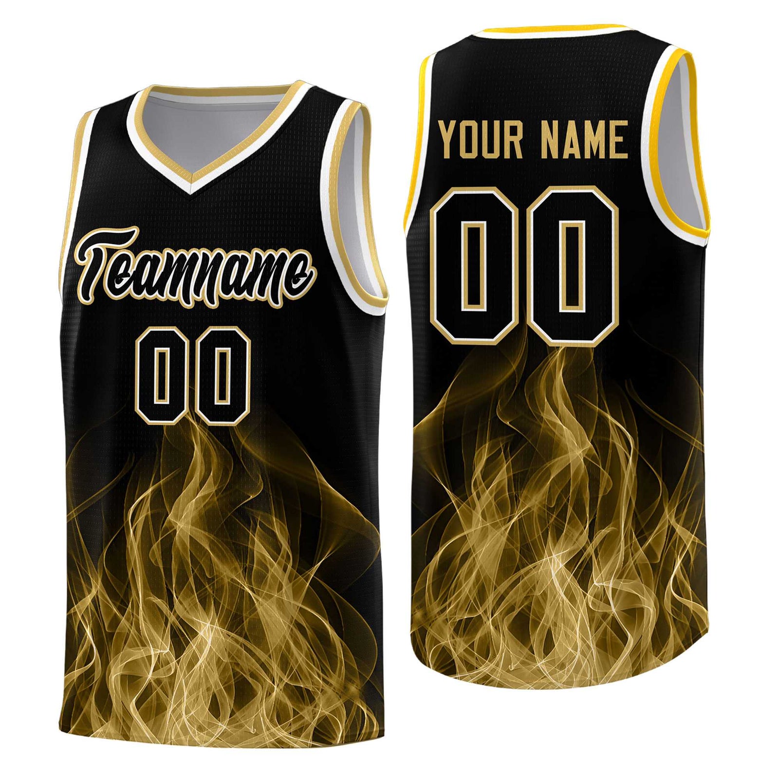 Custom Youth Basketball Jersey Black Old Gold Flame Fire Design Personalized Team Uniform Set