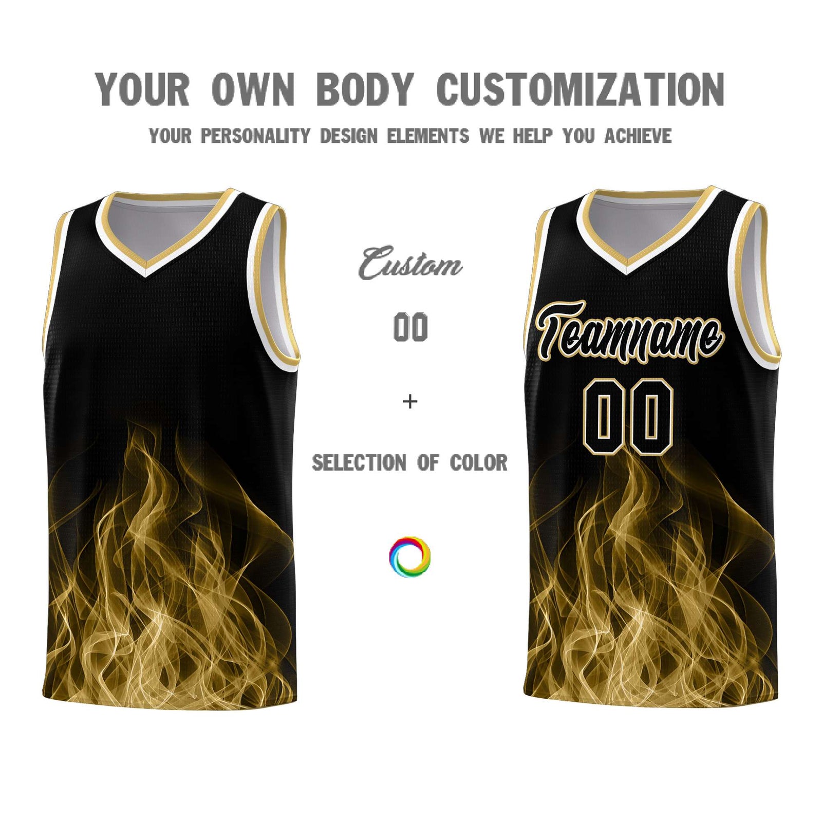 Custom Youth Basketball Jersey Black Old Gold Flame Fire Design Personalized Team Uniform Set