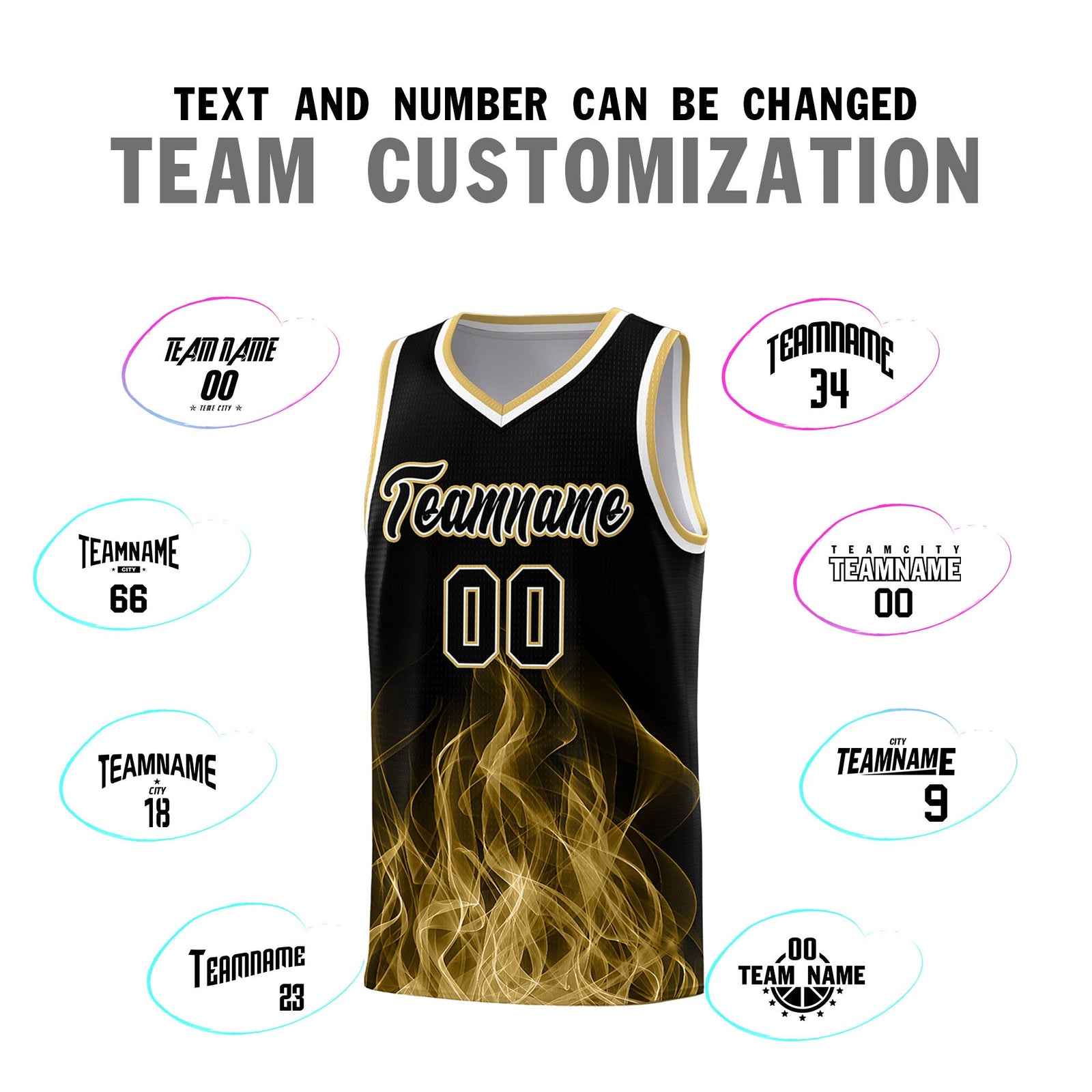 Custom Youth Basketball Jersey Black Old Gold Flame Fire Design Personalized Team Uniform Set