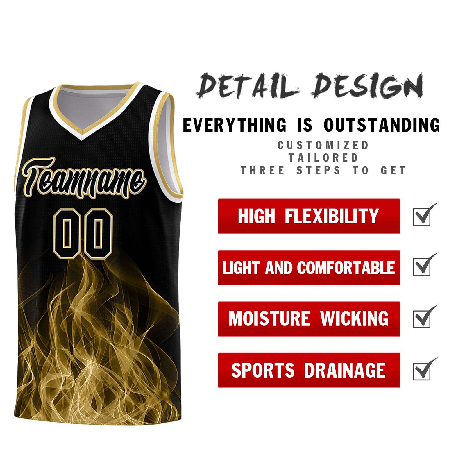 Custom Youth Basketball Jersey Black Old Gold Flame Fire Design Personalized Team Uniform Set