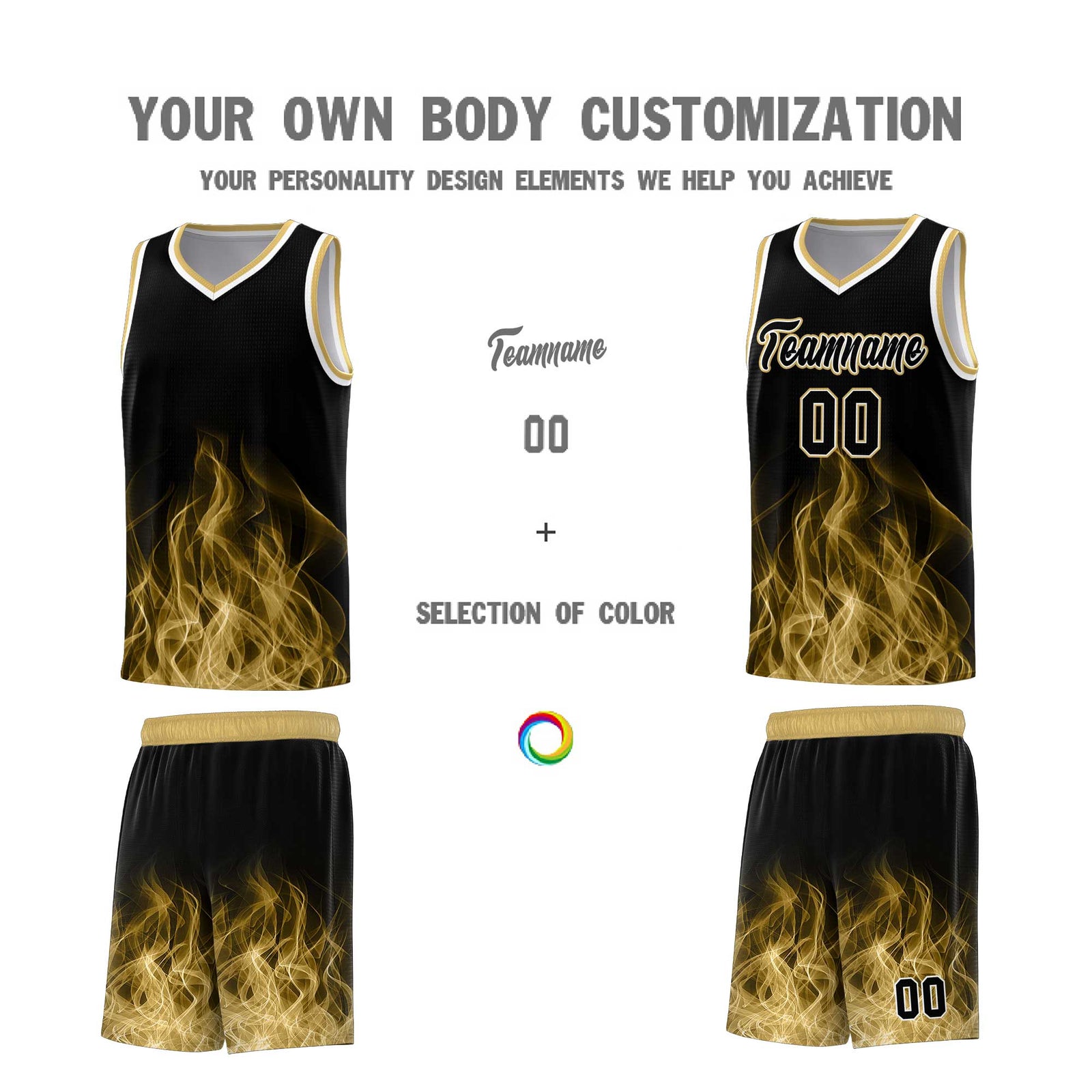 Custom Youth Basketball Jersey Black Old Gold Flame Fire Design Personalized Team Uniform Set