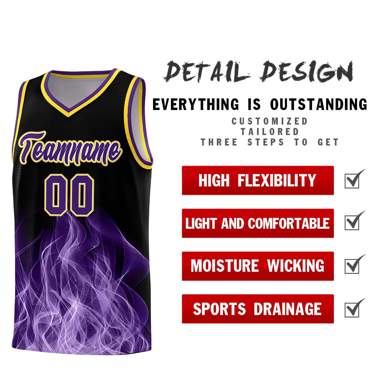 Custom Youth Basketball Jersey Black Gold Flame Design Personalized Team Uniform Set