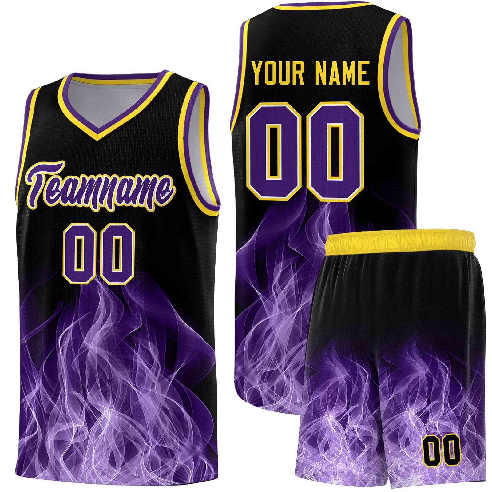 Custom Youth Basketball Jersey Black Gold Flame Design Personalized Team Uniform Set