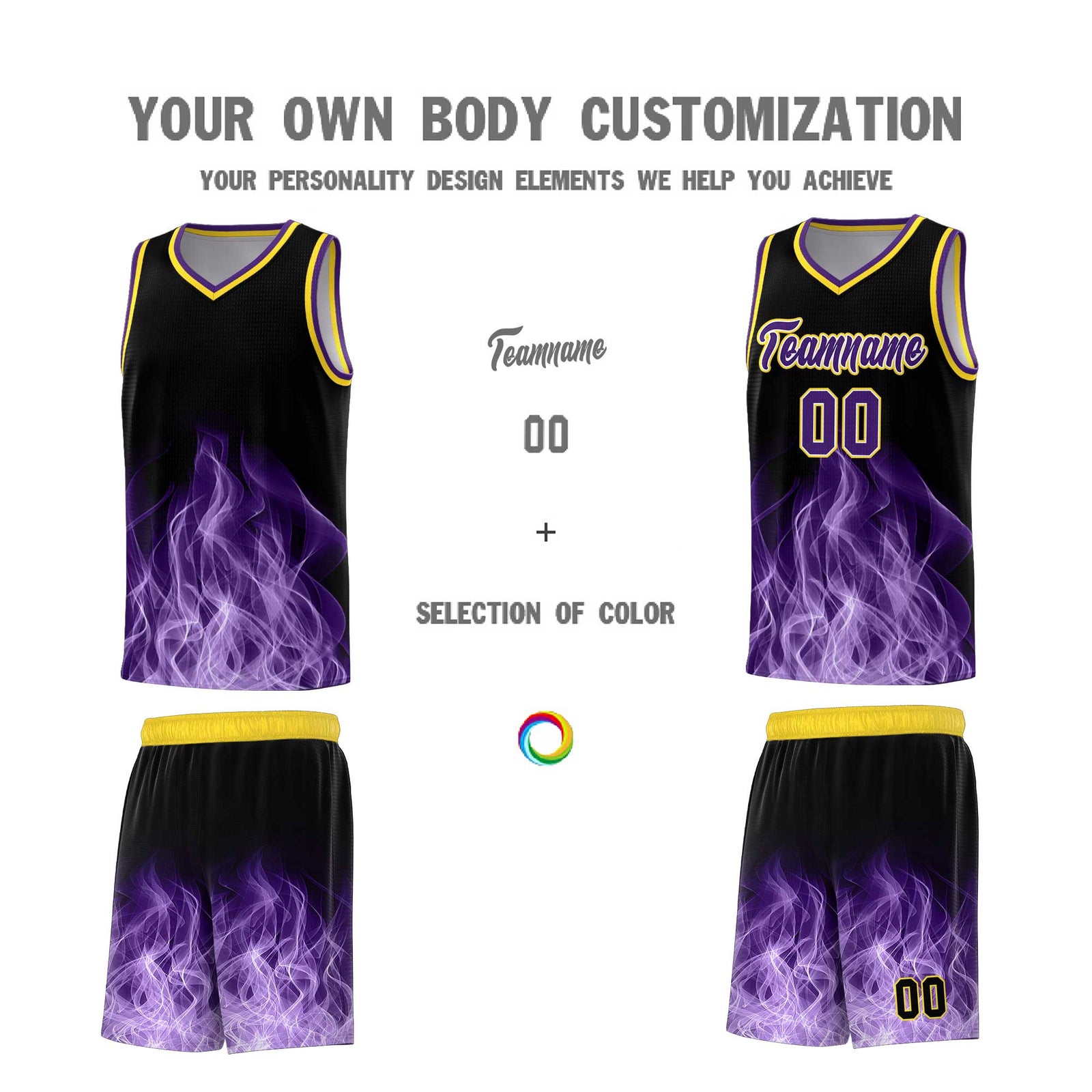 Custom Youth Basketball Jersey Black Gold Flame Design Personalized Team Uniform Set