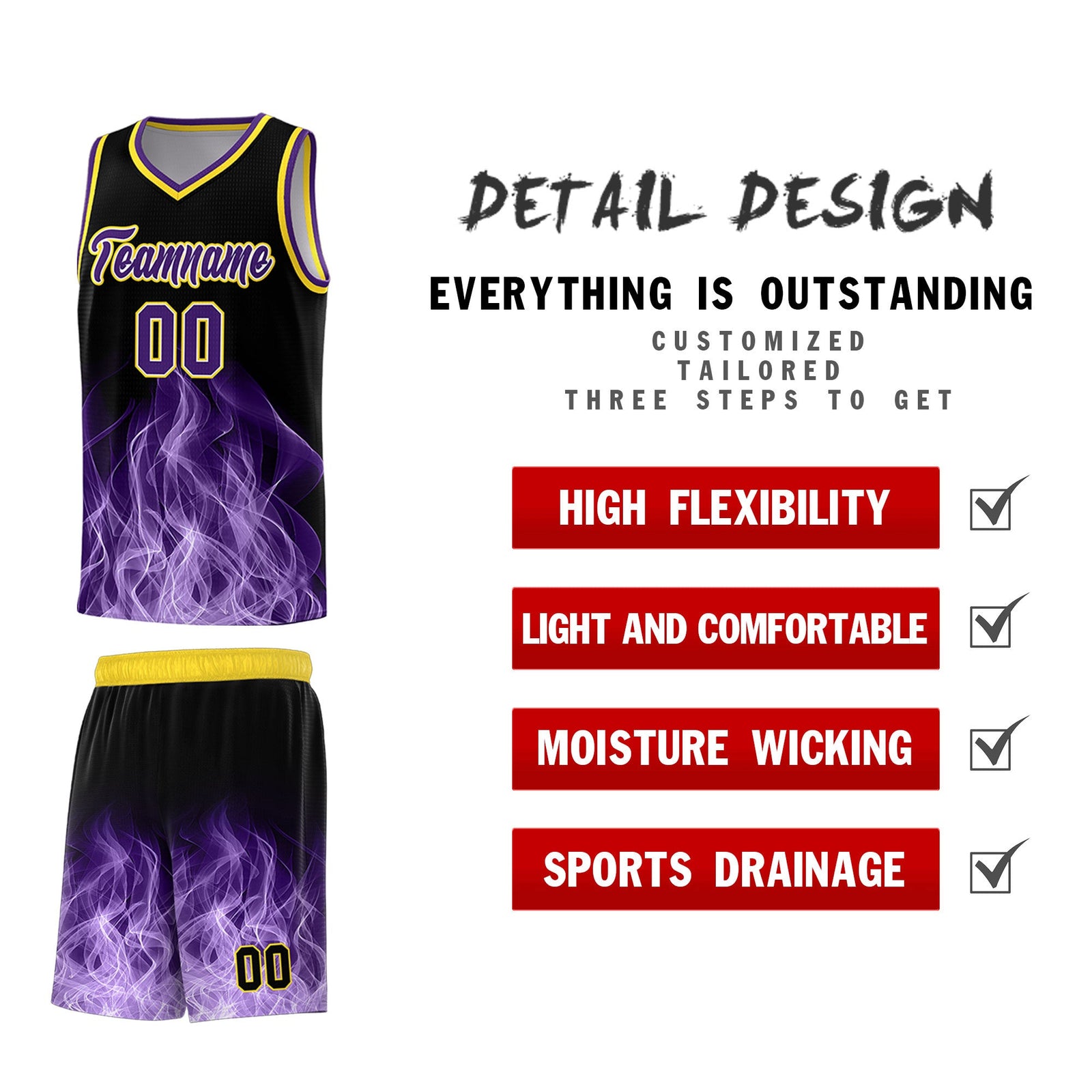 Custom Youth Basketball Jersey Black Gold Flame Design Personalized Team Uniform Set