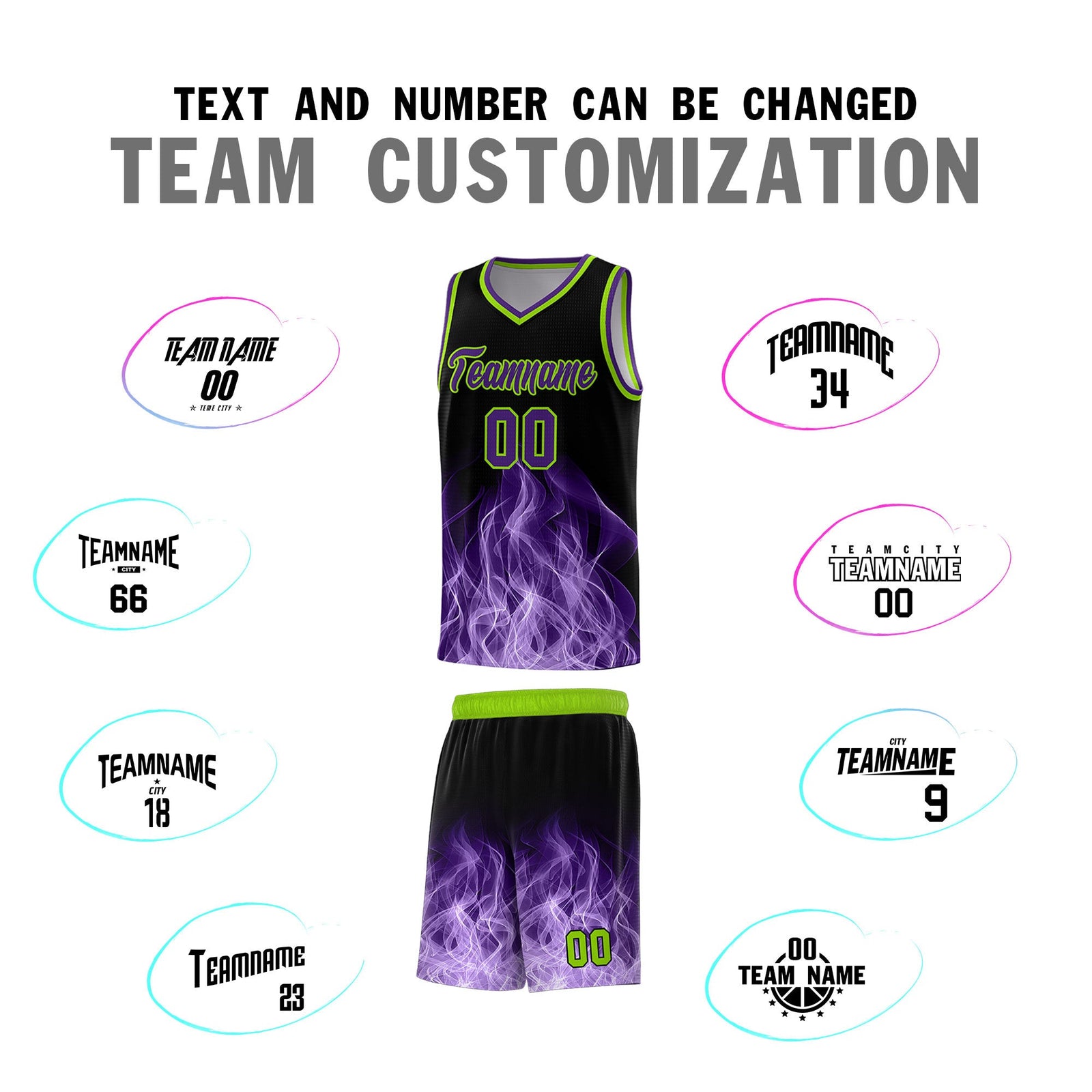 Custom Youth Basketball Jersey Black Neon Green Flame Fire Design Personalized Team Uniform Set
